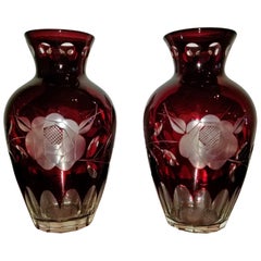 Vintage Pair of Czech Bohemian Ruby Glass Cut to Clear Vases