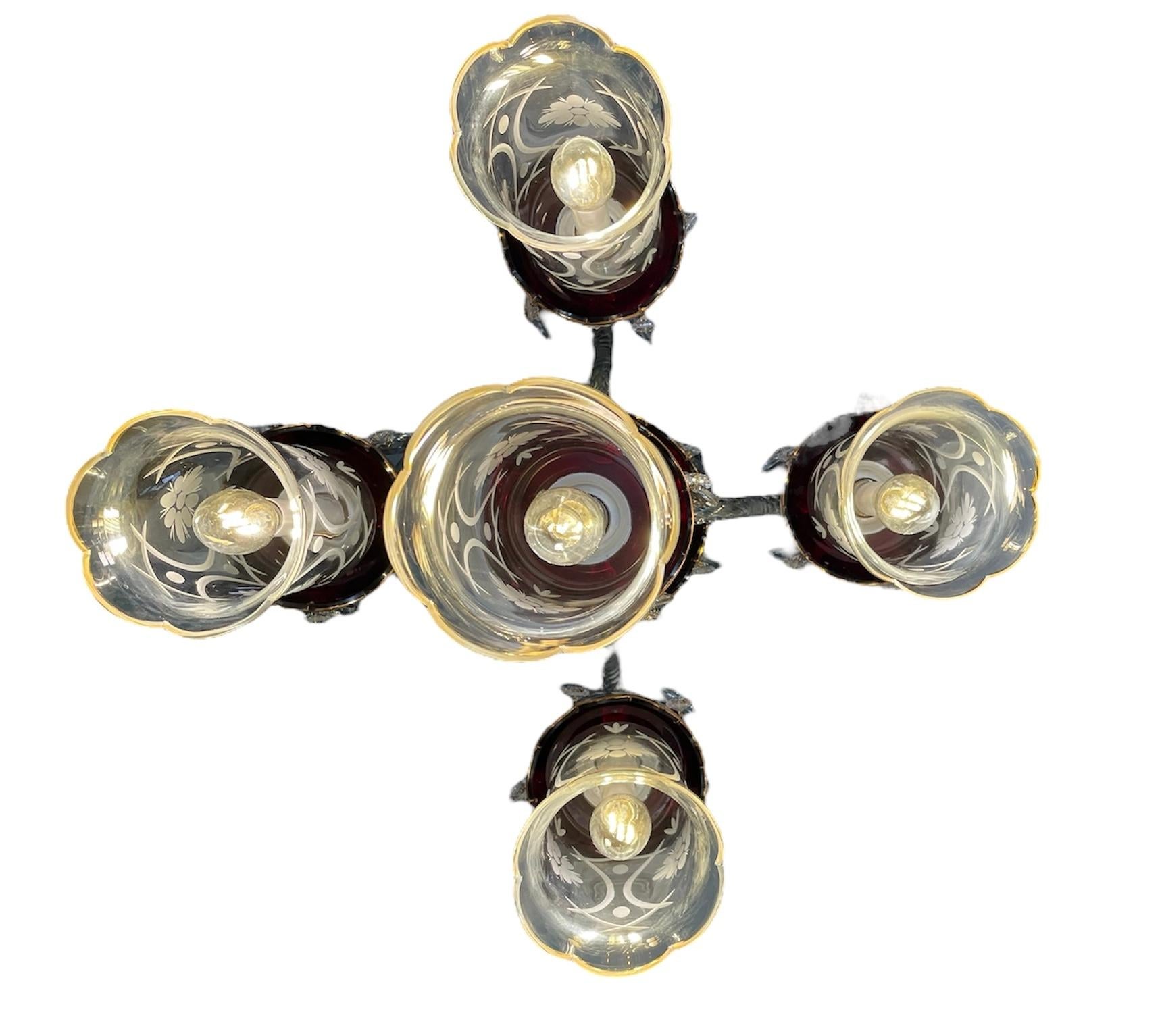 Pair Of Czech Bohemian Ruby Red Glass Electrified Table Candelabras For Sale 4