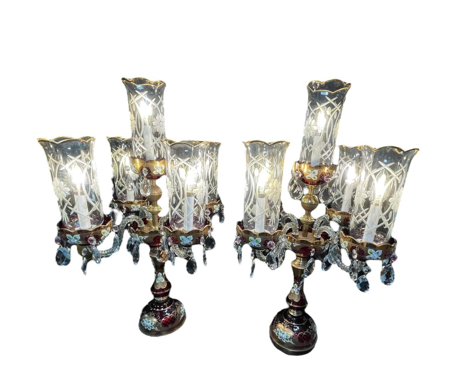 Pair Of Czech Bohemian Ruby Red Glass Electrified Table Candelabras For Sale 6
