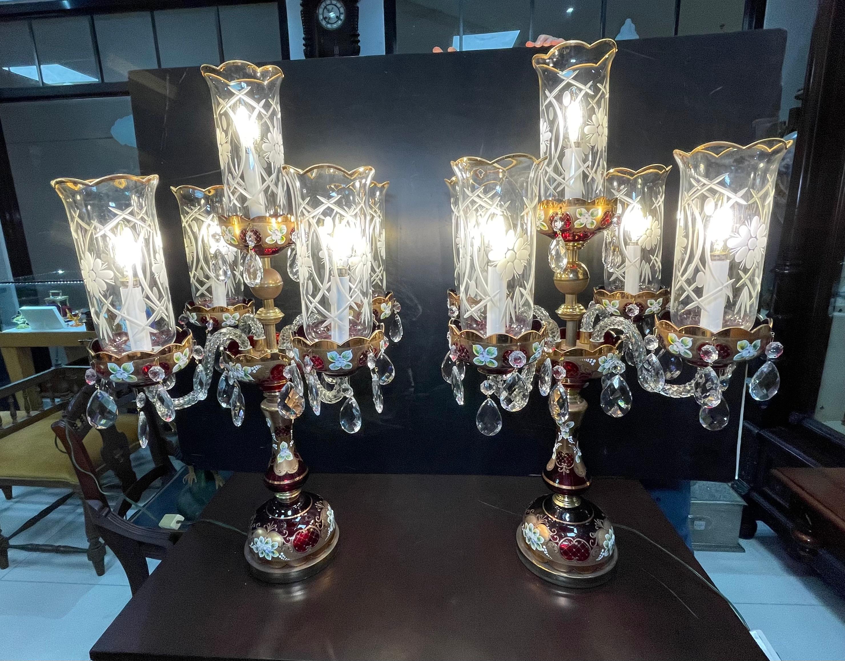 Pair Of Czech Bohemian Ruby Red Glass Electrified Table Candelabras For Sale 7