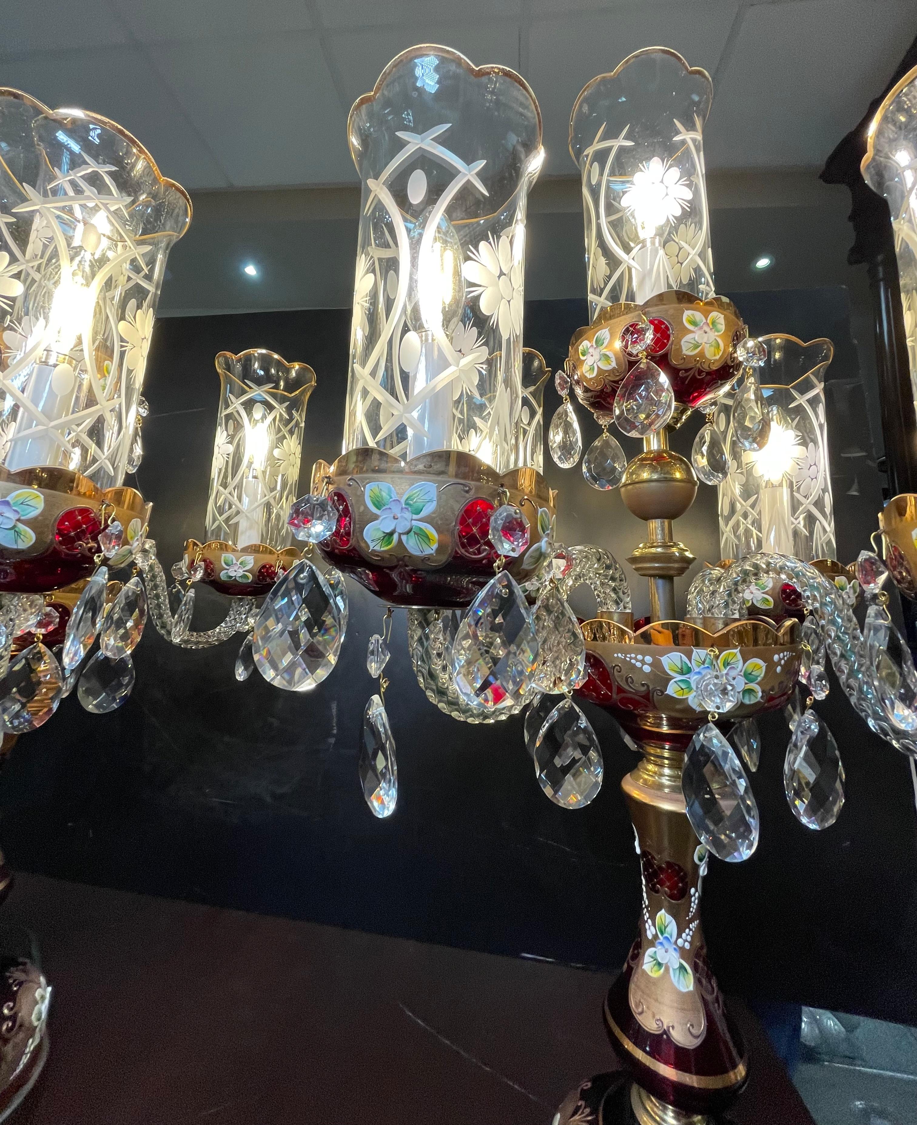 Pair Of Czech Bohemian Ruby Red Glass Electrified Table Candelabras For Sale 8