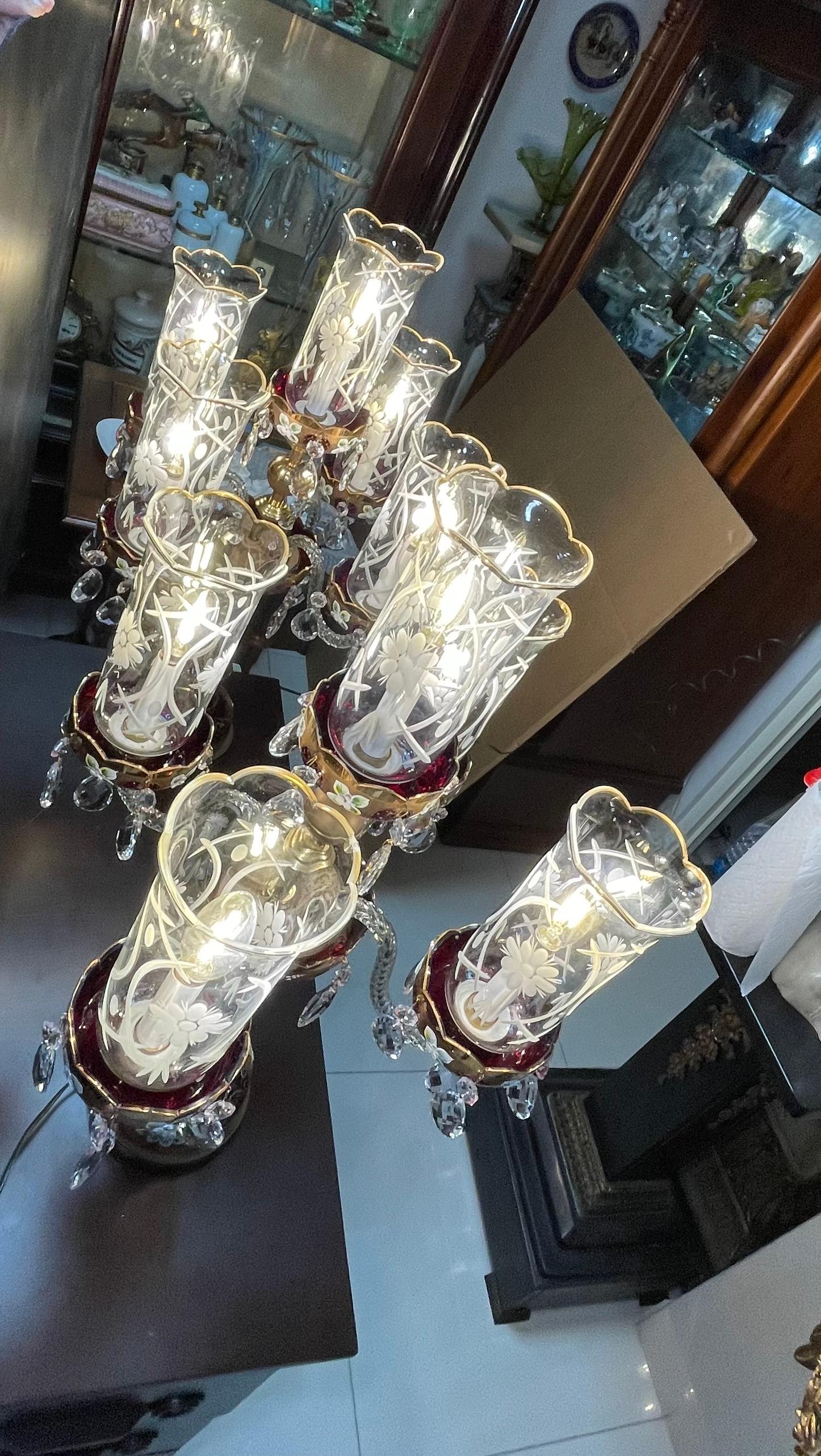 Pair Of Czech Bohemian Ruby Red Glass Electrified Table Candelabras For Sale 9