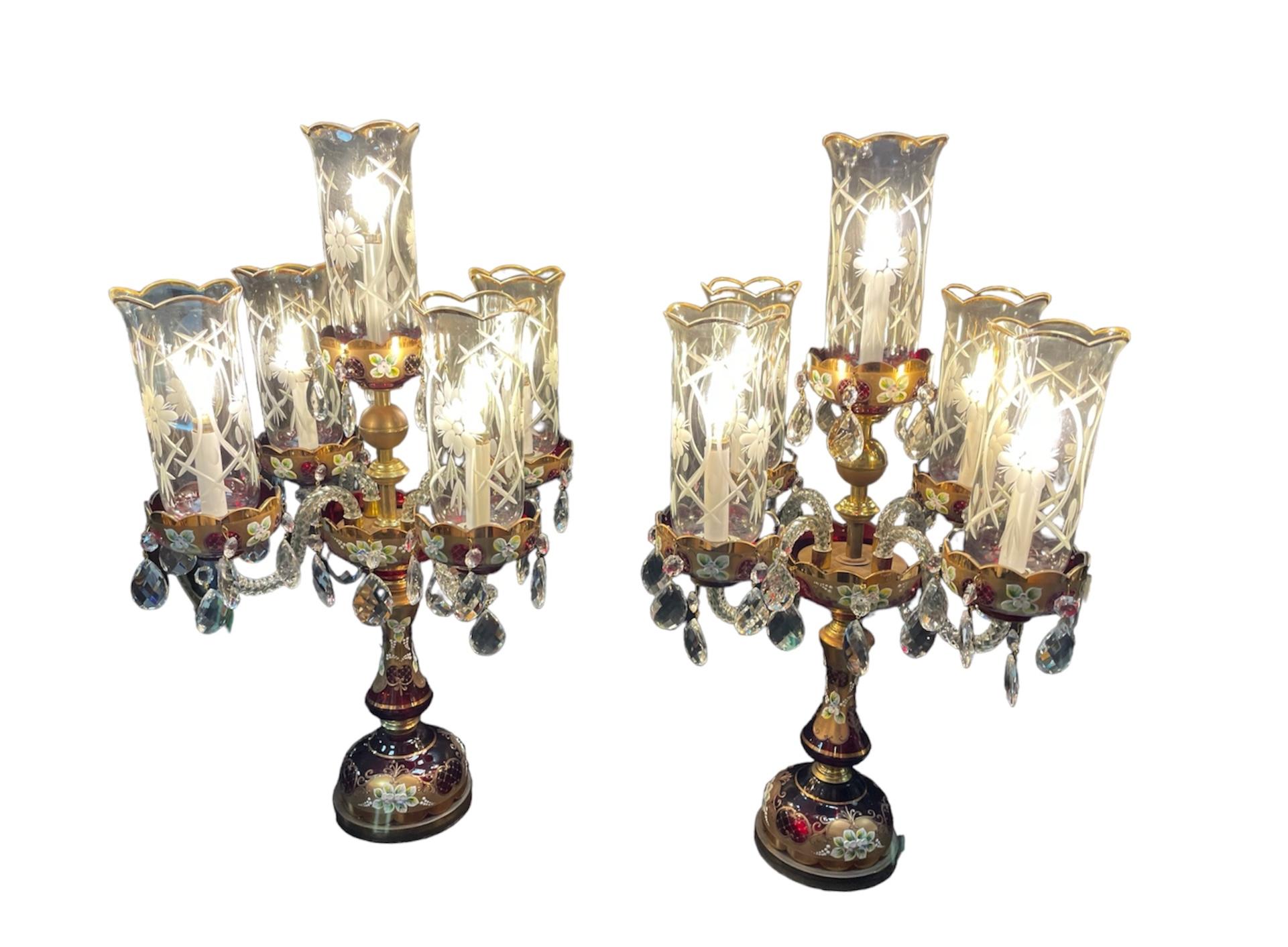 Enameled Pair Of Czech Bohemian Ruby Red Glass Electrified Table Candelabras For Sale