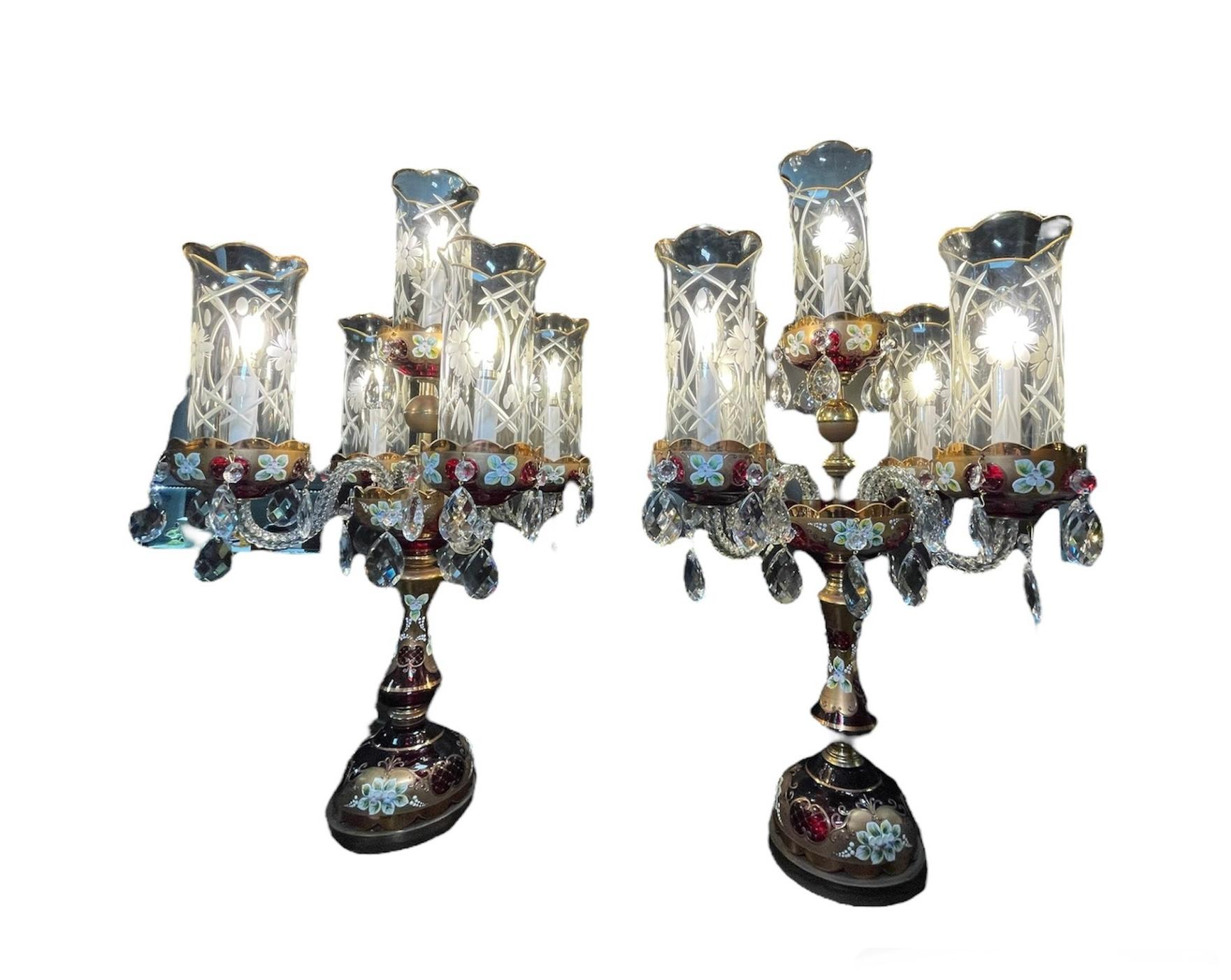 Pair Of Czech Bohemian Ruby Red Glass Electrified Table Candelabras In Good Condition For Sale In Guaynabo, PR