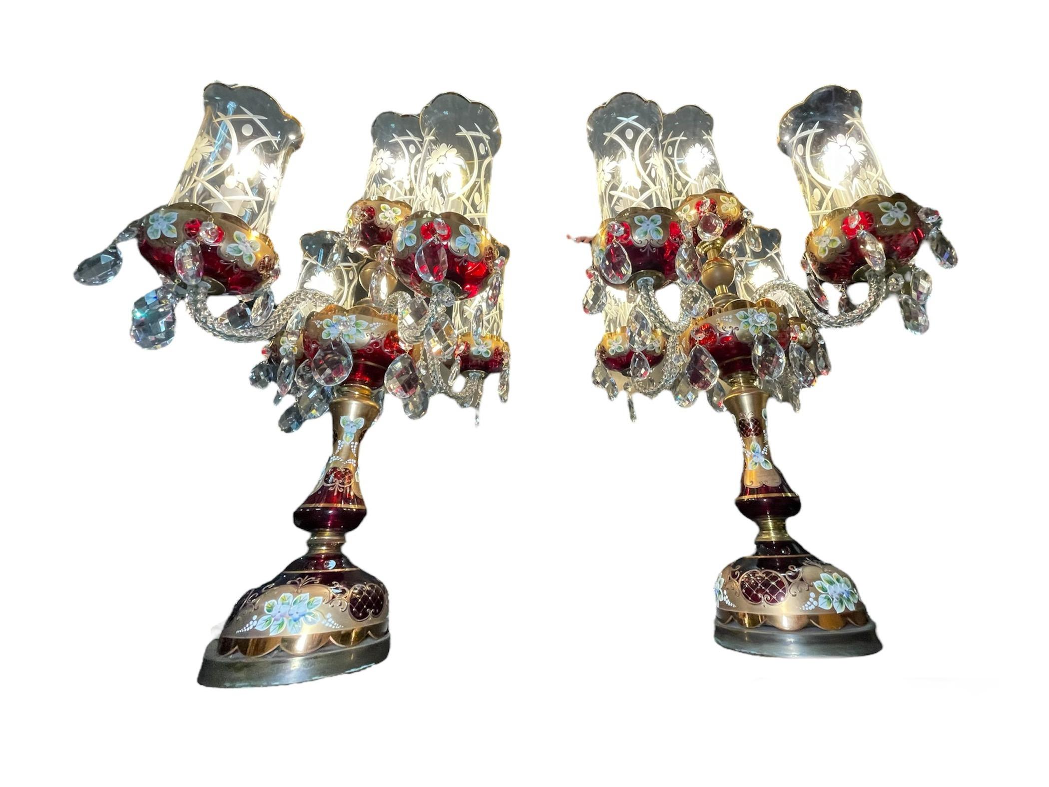 20th Century Pair Of Czech Bohemian Ruby Red Glass Electrified Table Candelabras For Sale