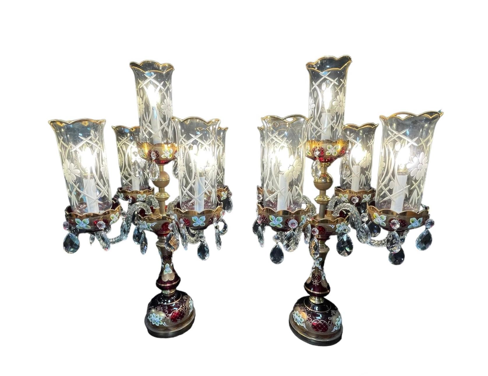 Art Glass Pair Of Czech Bohemian Ruby Red Glass Electrified Table Candelabras For Sale