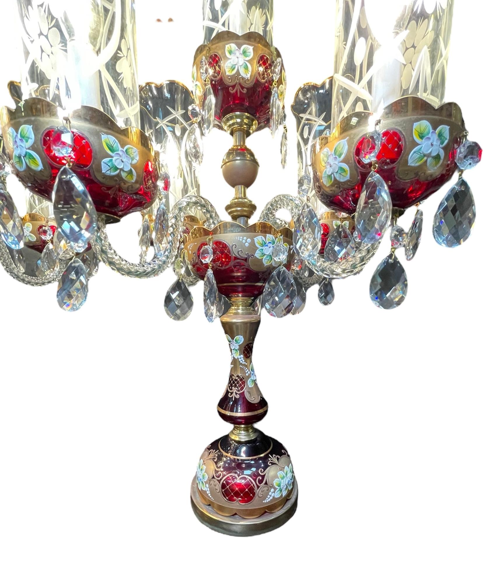 Pair Of Czech Bohemian Ruby Red Glass Electrified Table Candelabras For Sale 1