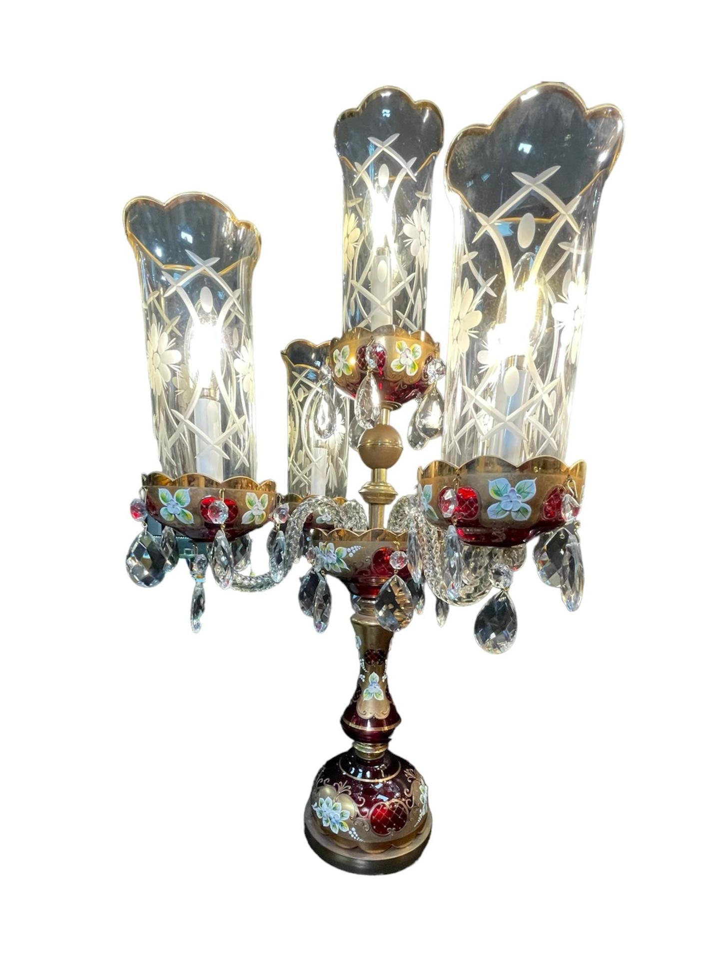 Pair Of Czech Bohemian Ruby Red Glass Electrified Table Candelabras For Sale 2
