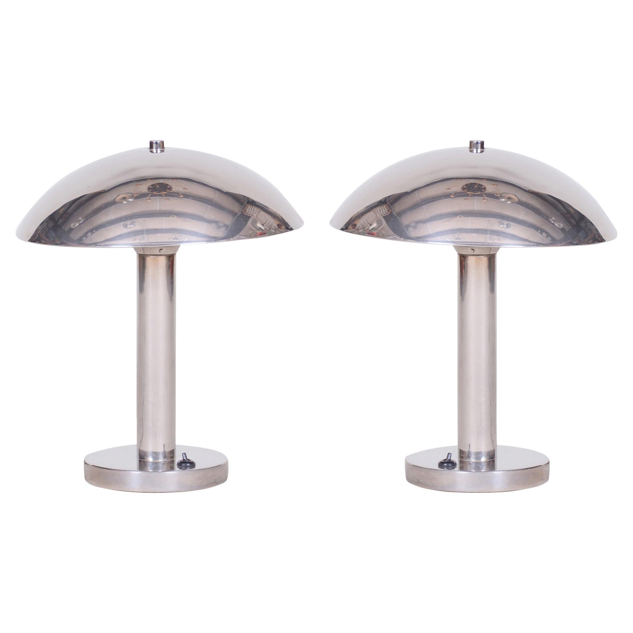 Pair of Czech Chrome Bauhaus Table Lamps, Restored and Electrified, 1930s