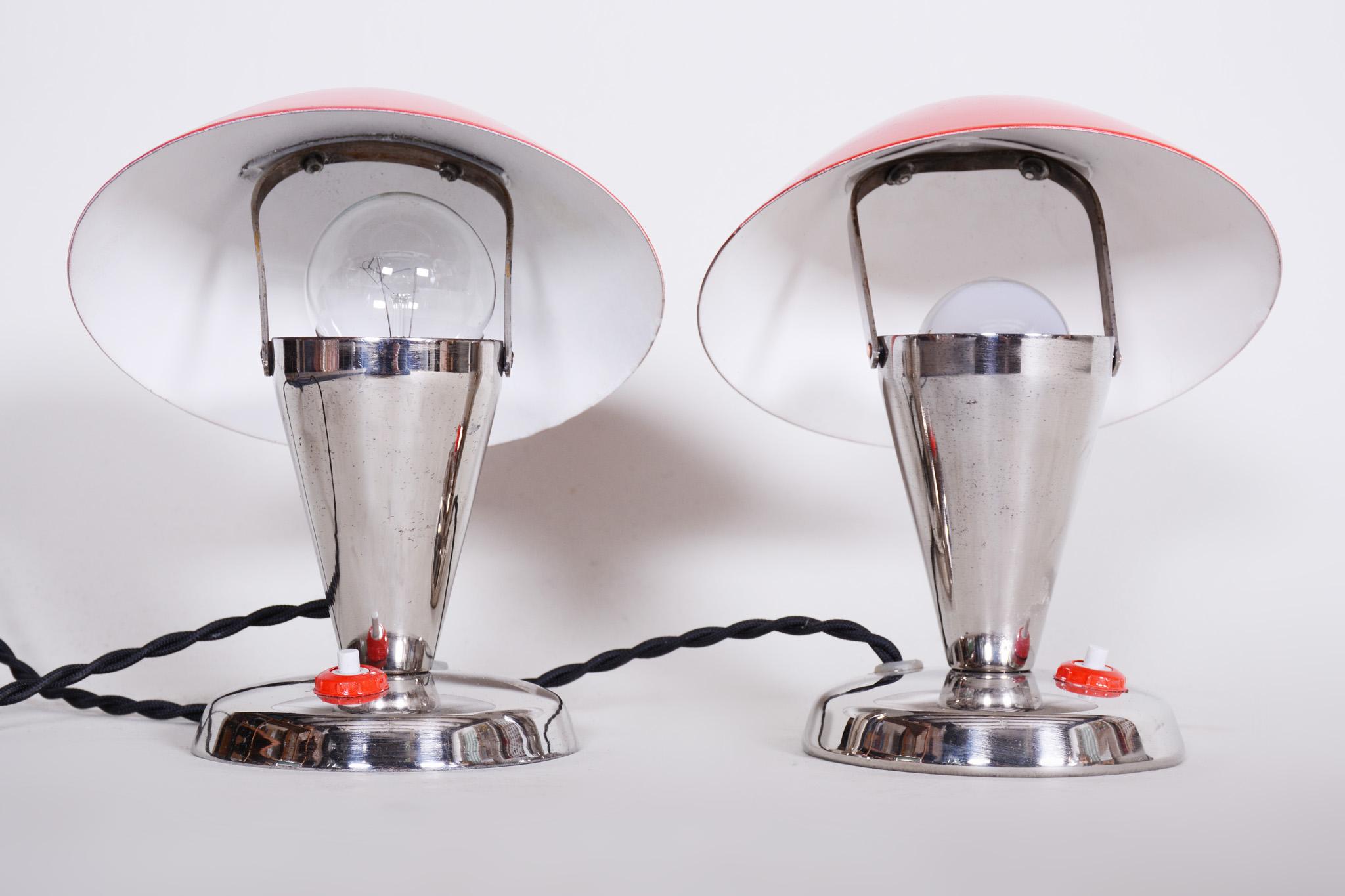 Metal Pair of Czech Chromel Red Bauhaus Lamps, Napako, Restored and Electrified, 1930s For Sale