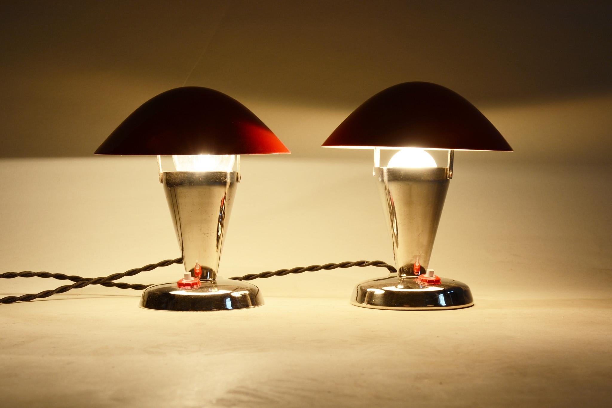 Pair of Czech Chromel Red Bauhaus Lamps, Napako, Restored and Electrified, 1930s For Sale 1