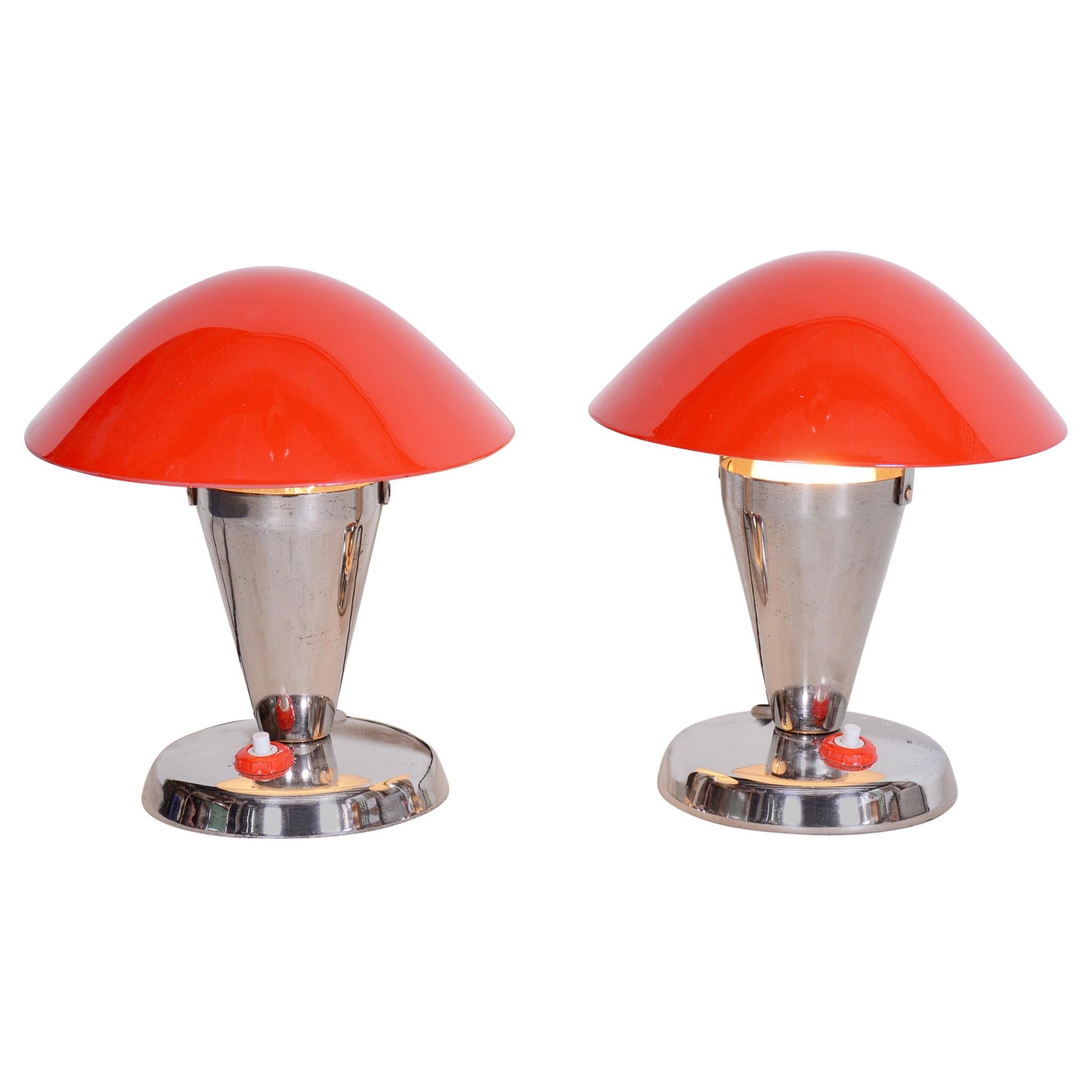 Pair of Czech Chromel Red Bauhaus Lamps, Napako, Restored and Electrified, 1930s For Sale