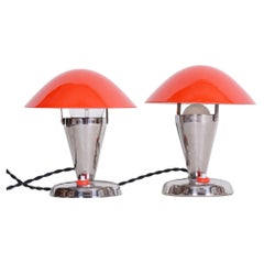 Pair of Czech Chromel Red Bauhaus Lamps, Napako, Restored and Electrified, 1930s