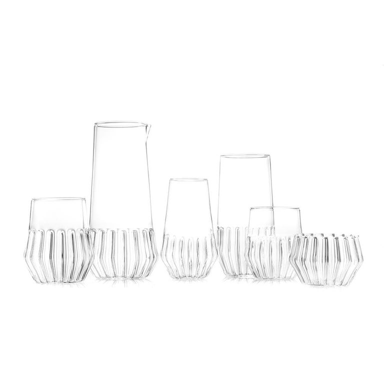 Hand-Crafted Pair of Czech Clear Contemporary Mixed Flute Champagne Glasses, in Stock For Sale