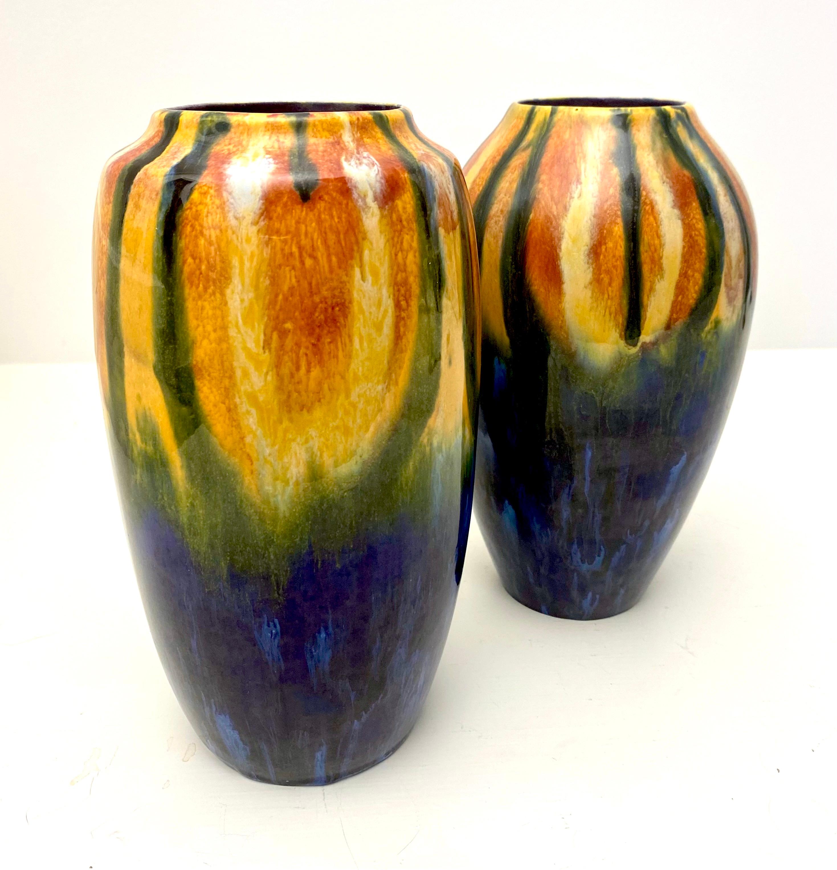 Pair of Czech Coronet Vases in Blue, Orange and Green For Sale 4