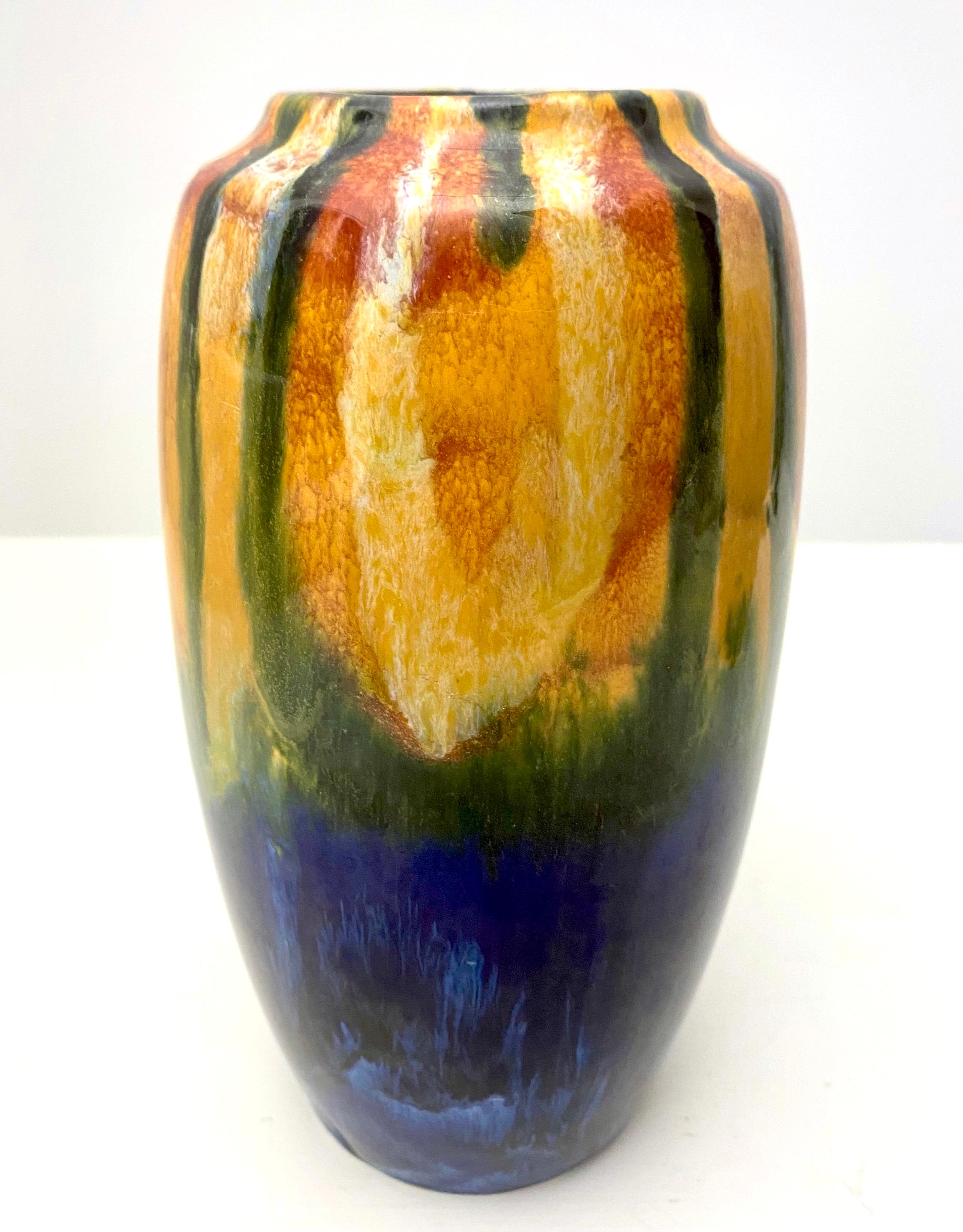 Glazed Pair of Czech Coronet Vases in Blue, Orange and Green For Sale