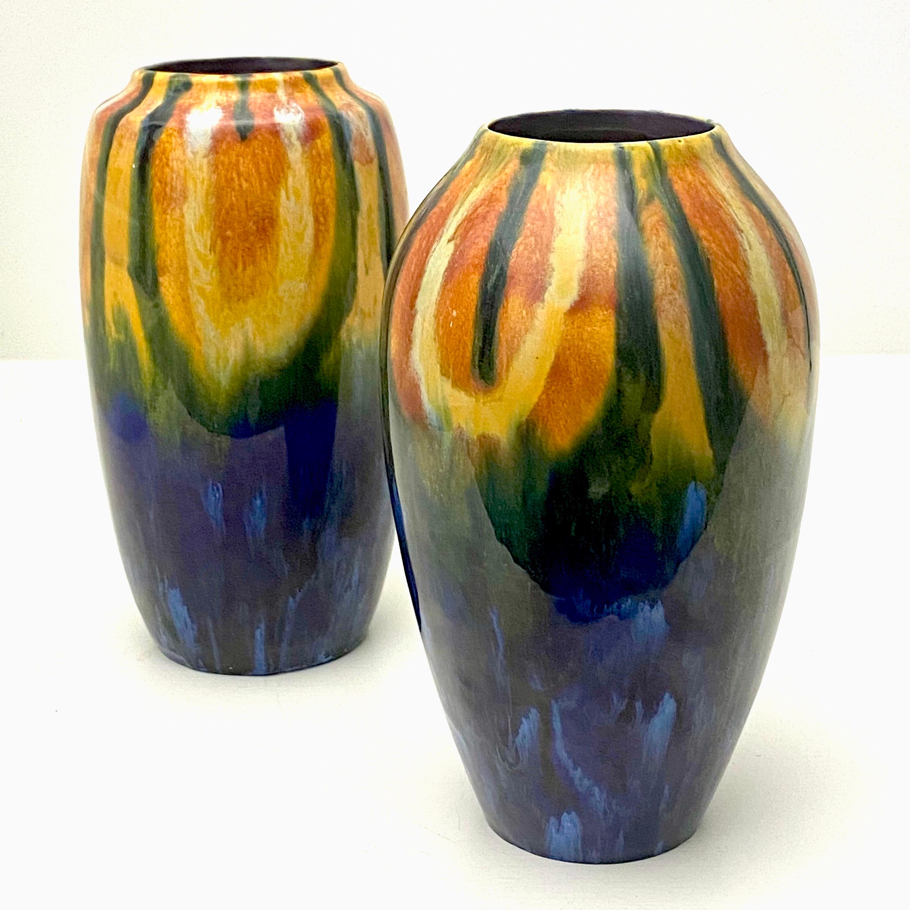 Pair of Czech Coronet Vases in Blue, Orange and Green For Sale 1