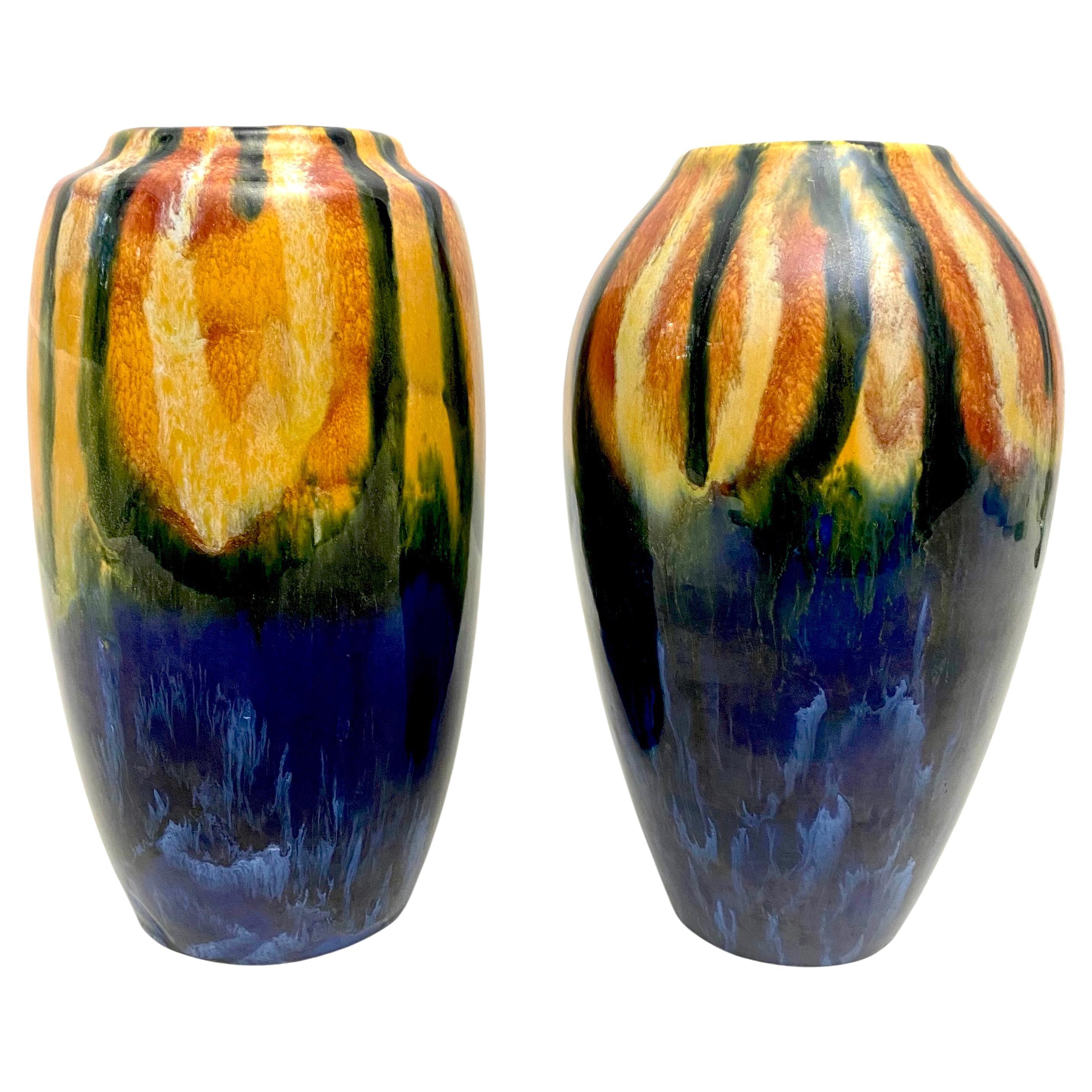 Pair of Czech Coronet Vases in Blue, Orange and Green For Sale