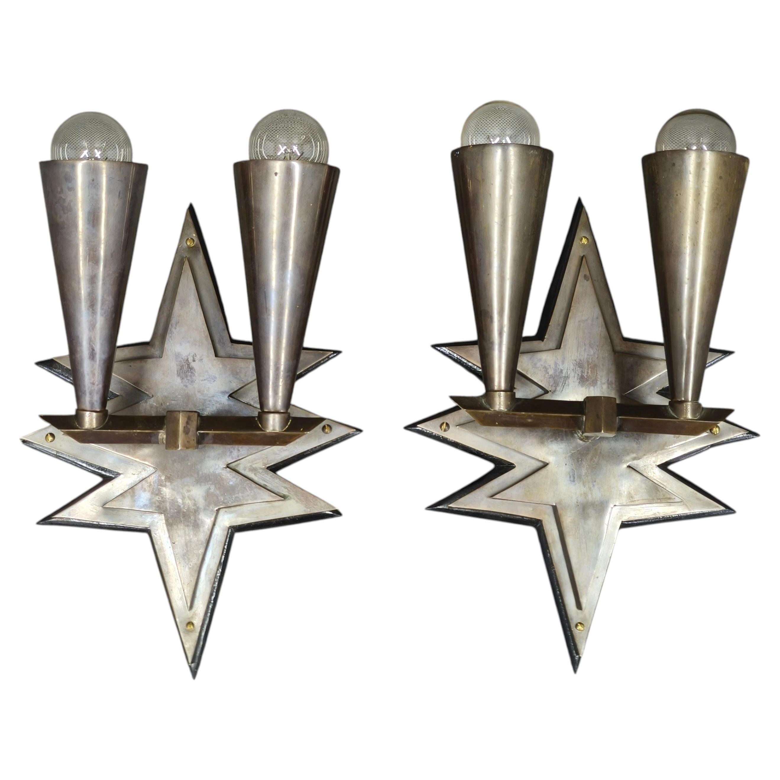 Pair of Czech Cubist Brass Wall Lights, Czechoslovakia, 1920s For Sale