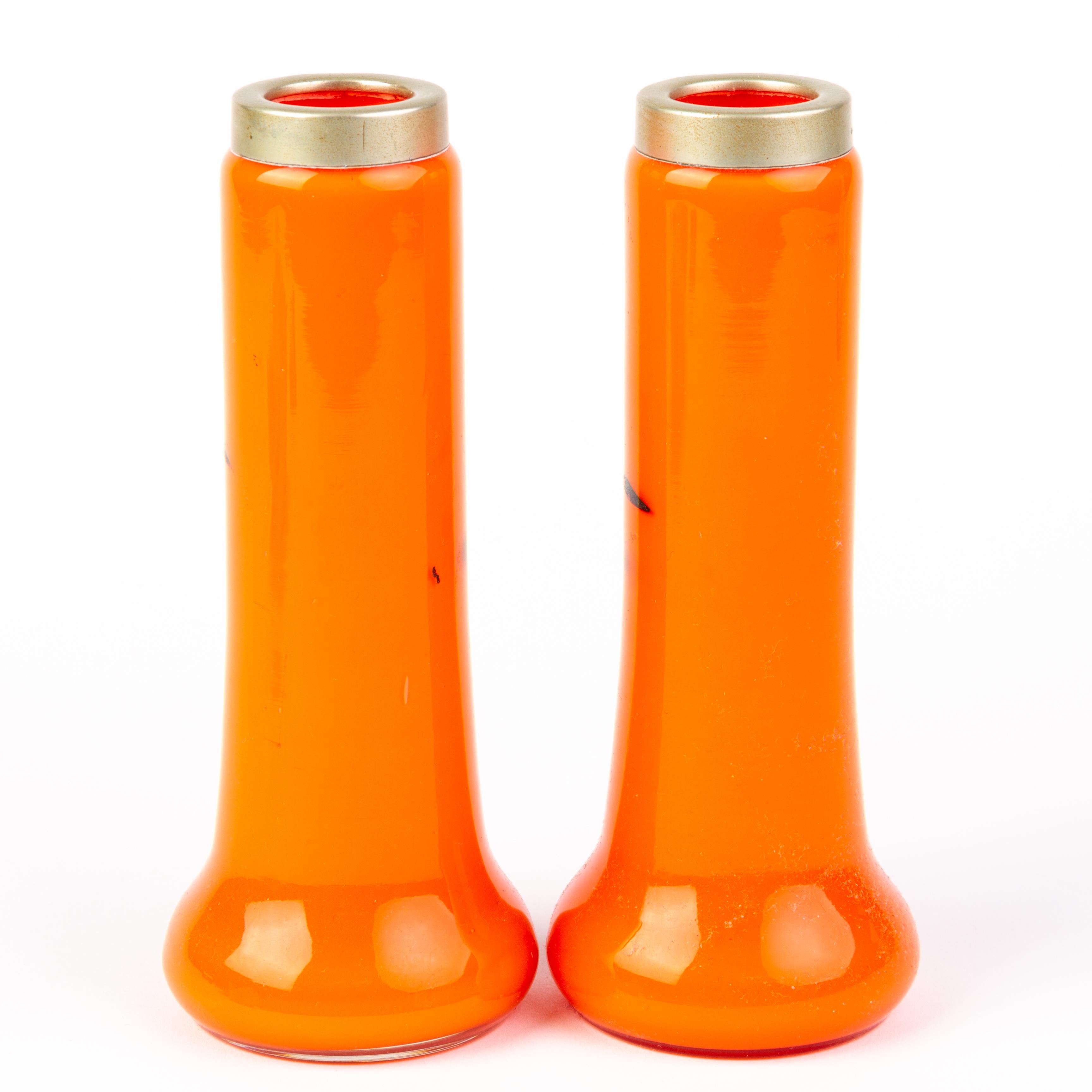 Pair of Czech Enamel Silhouette Orange Tango Glass Spill Vases In Good Condition In Nottingham, GB