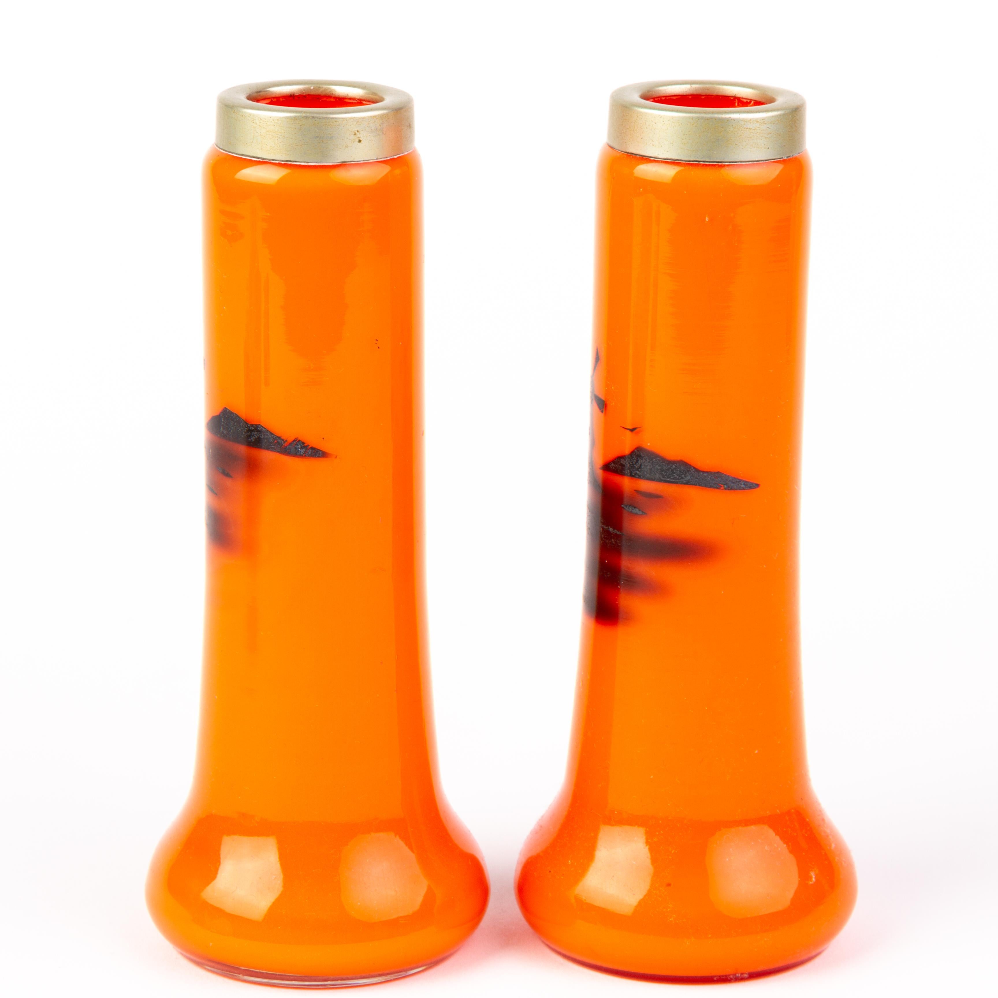 20th Century Pair of Czech Enamel Silhouette Orange Tango Glass Spill Vases