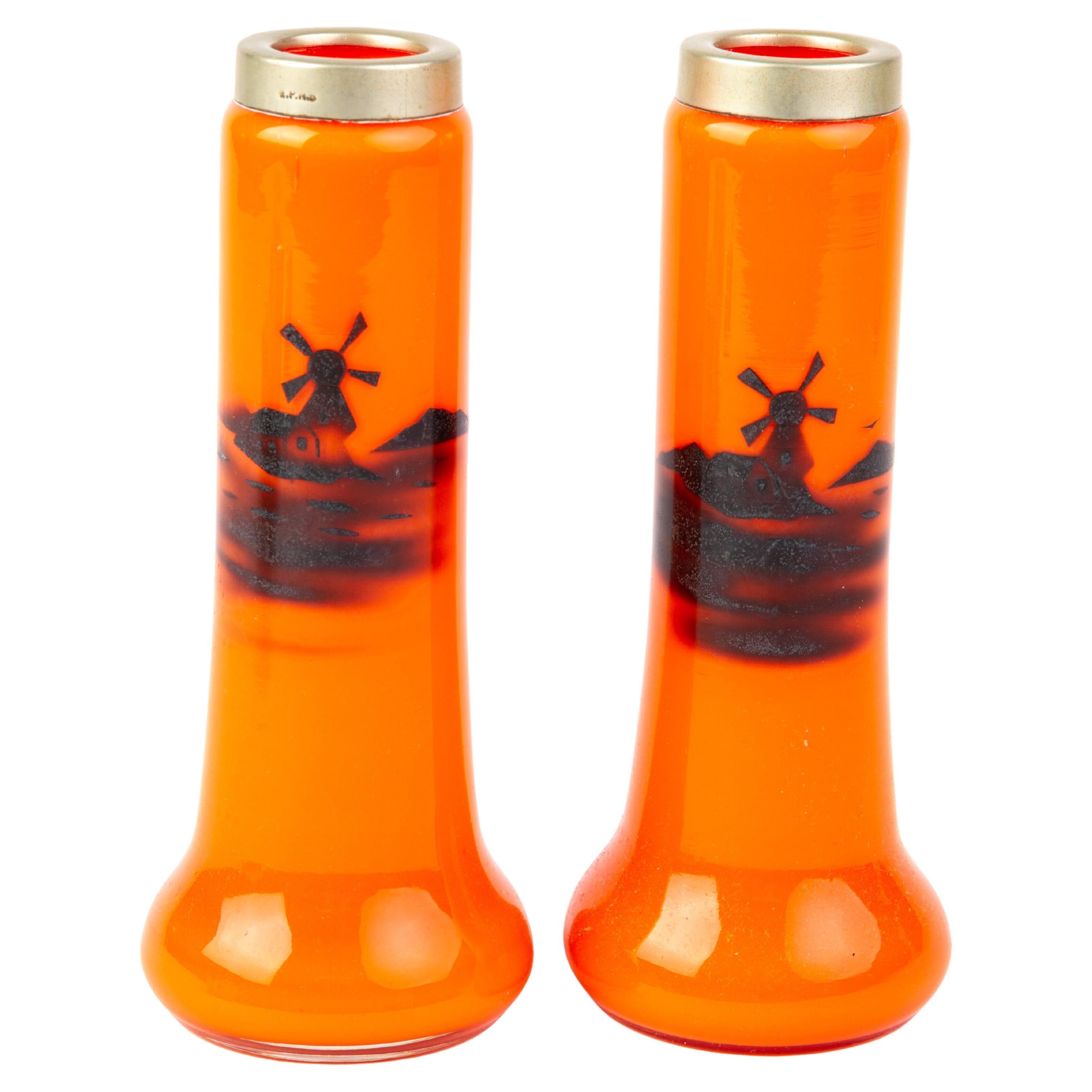 Pair of Czech Enamel Silhouette Orange Tango Glass Spill Vases For Sale