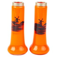 Pair of Czech Enamel Silhouette Orange Tango Glass Spill Vases