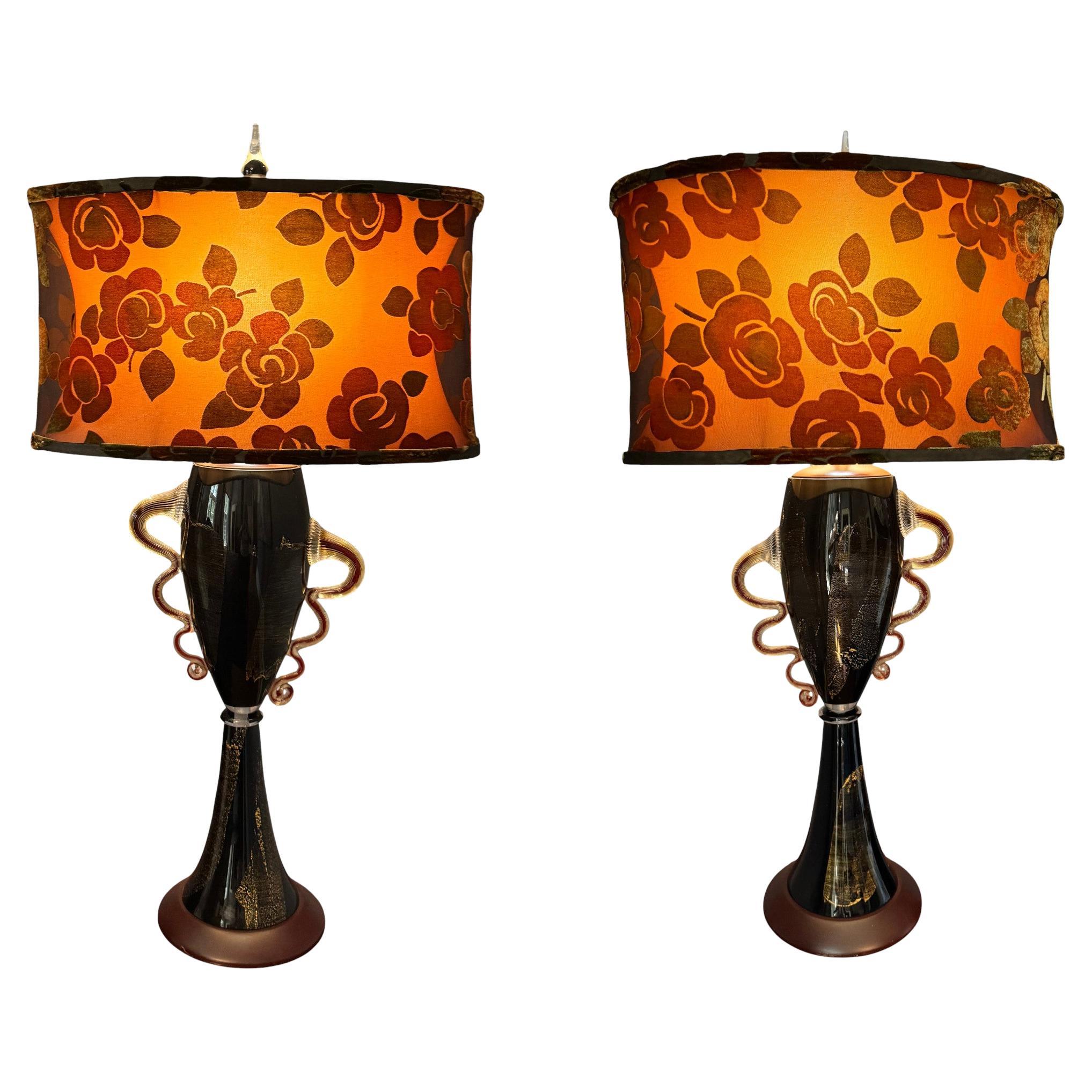Pair of Czech Gilt and Black Glass Vases, mounted as Lamps For Sale