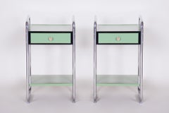 Pair of Czech Green Vintage Bauhaus Bed Side Tables, 1930s, High Gloss Lacquer