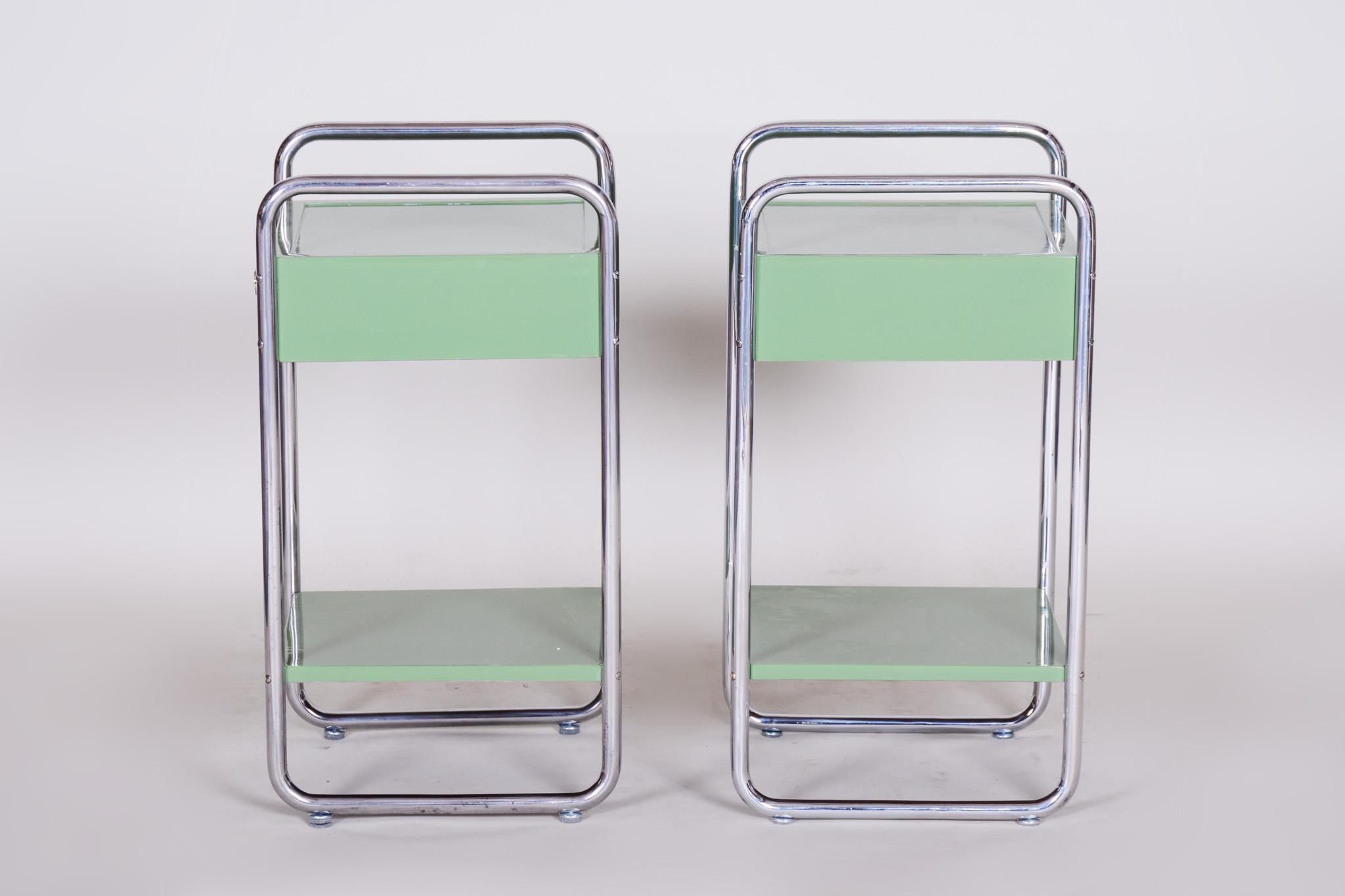 Chrome Pair of Czech Green Vintage Bauhaus Bed Side Tables, 1930s, High Gloss Lacquer