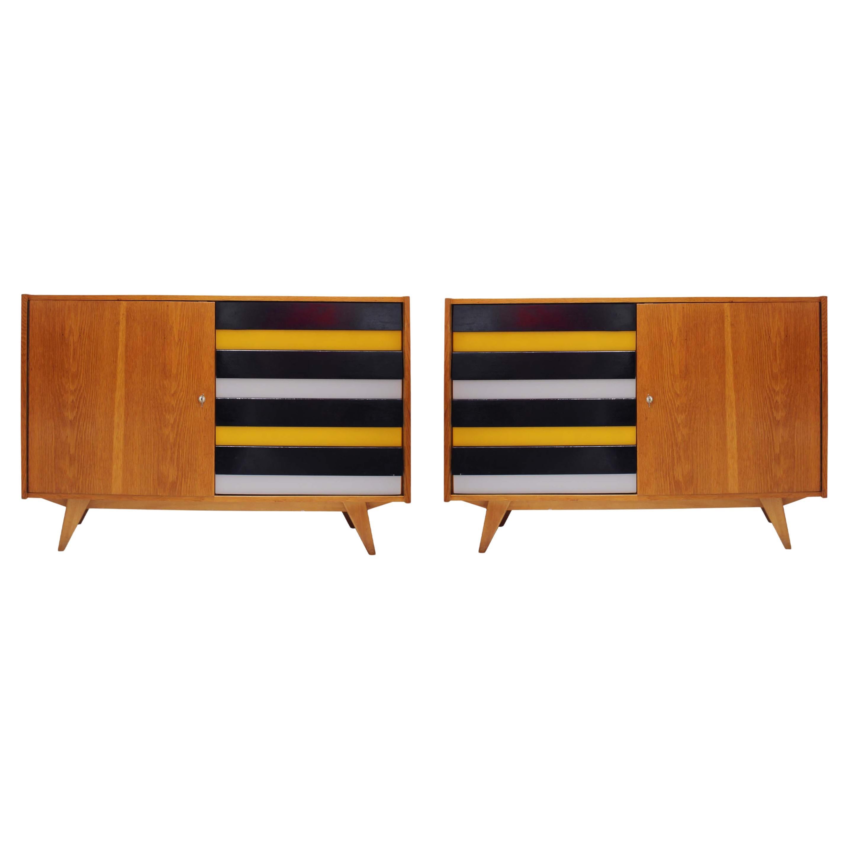 Pair of Czech Oak Sideboards with Lacquered Drawers, Czechoslovakia, 1960s