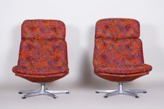 Pair of Czech Red Midcentury Swivel Chairs, Chrome, Original Condition, 1960s