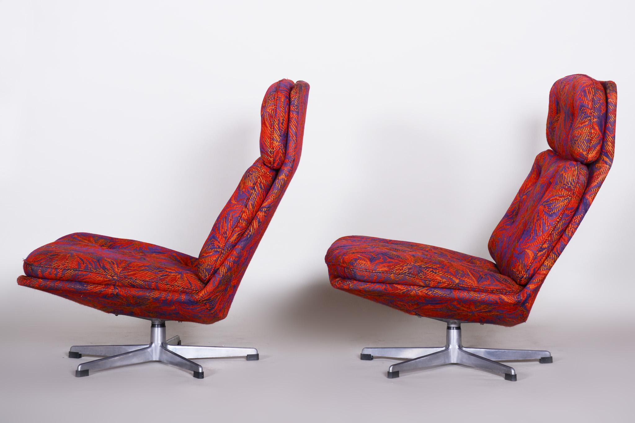 Fabric Pair of Czech Red Midcentury Swivel Chairs, Chrome, Original Condition, 1960s