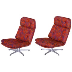 Pair of Czech Red Midcentury Swivel Chairs, Chrome, Original Condition, 1960s