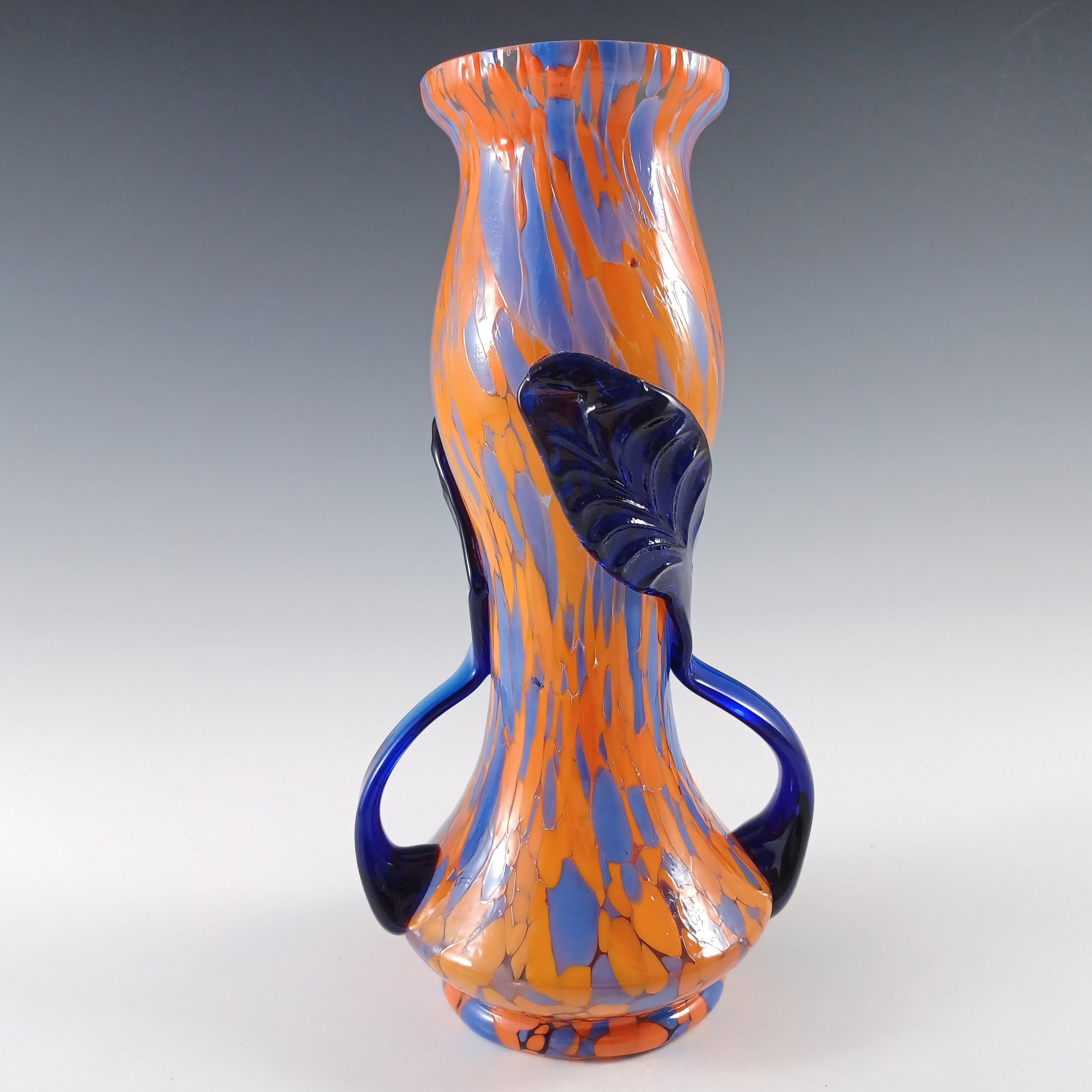 Art Deco Pair of Czech Vintage Orange & Blue Spatter Glass Vases For Sale