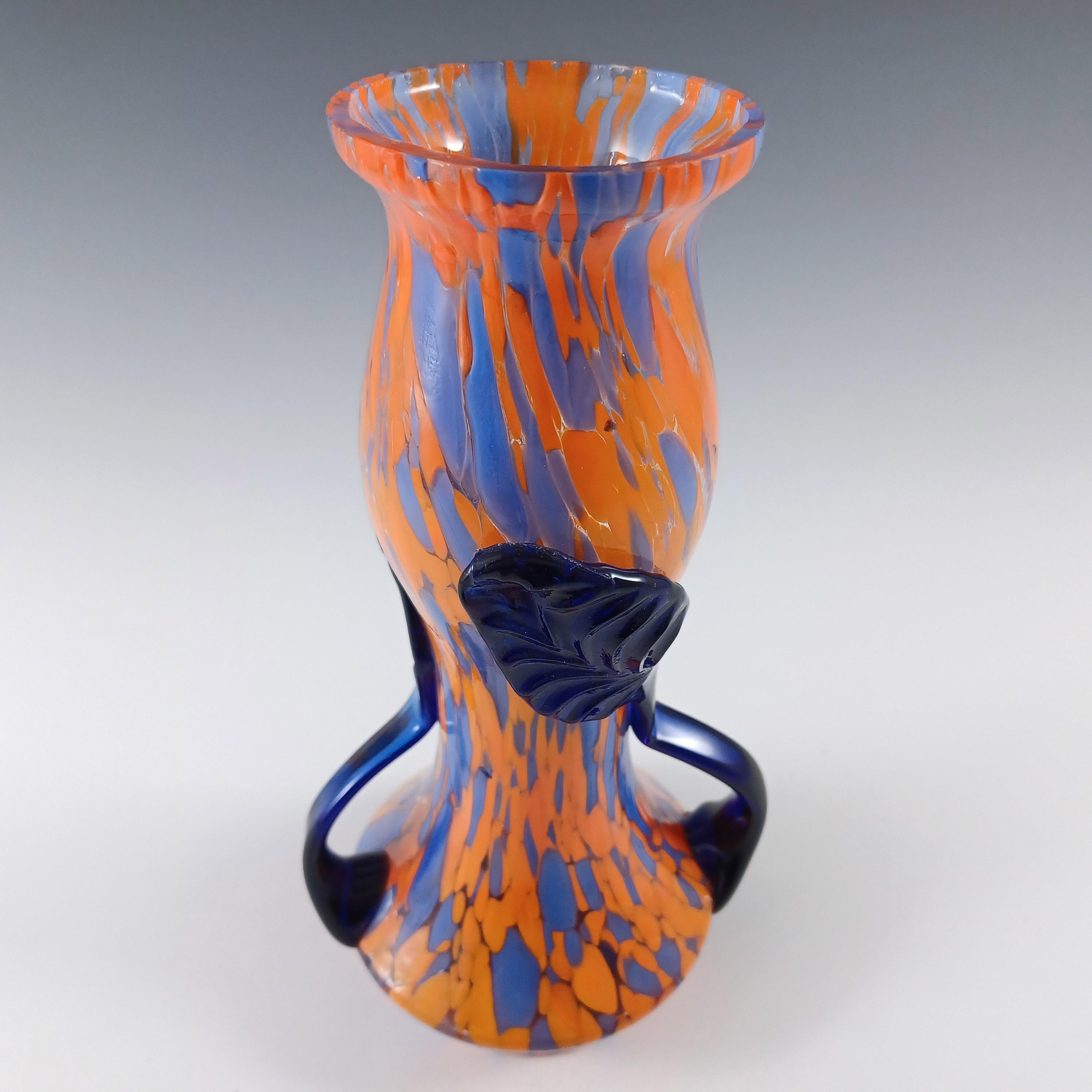 Hand-Crafted Pair of Czech Vintage Orange & Blue Spatter Glass Vases For Sale