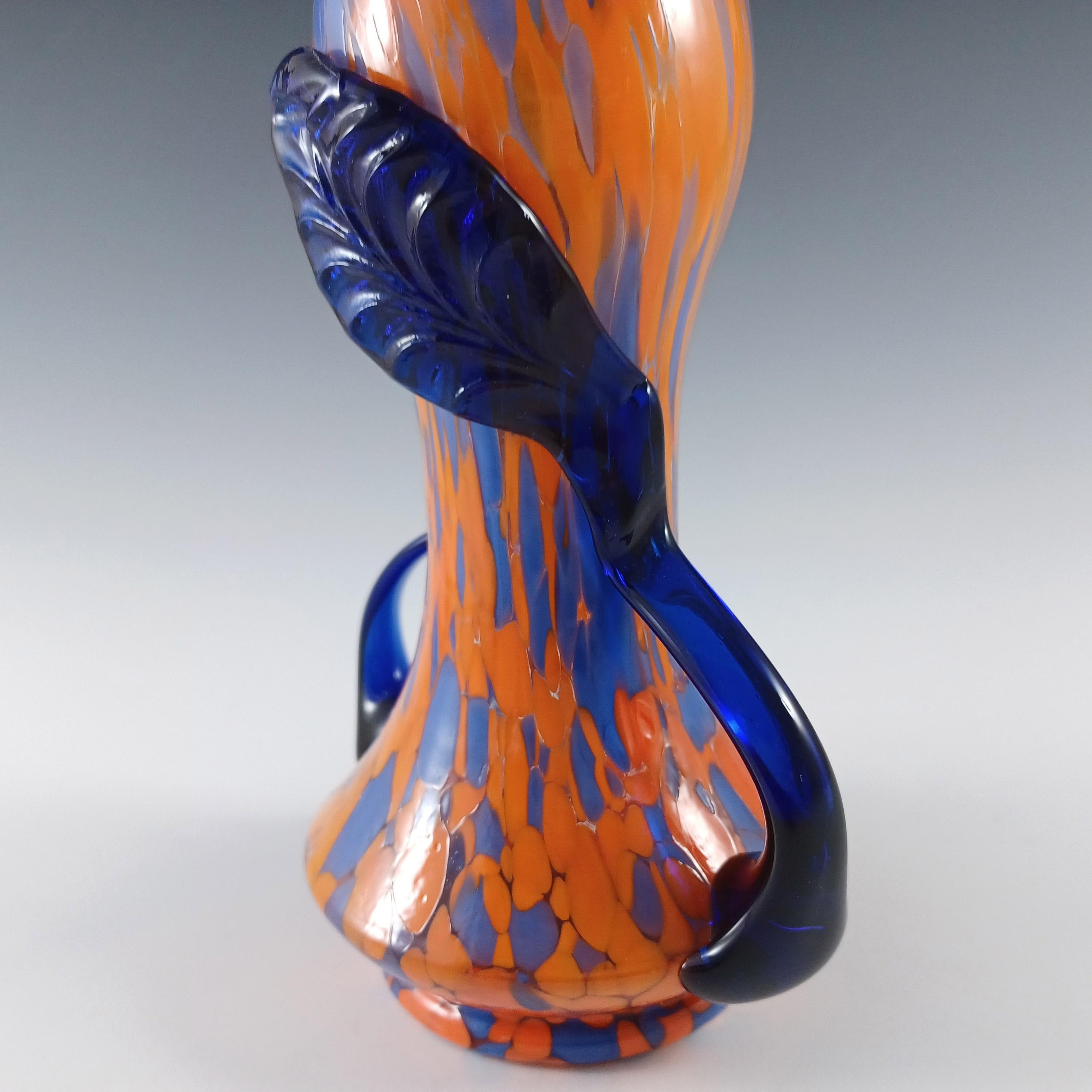 Mid-20th Century Pair of Czech Vintage Orange & Blue Spatter Glass Vases For Sale