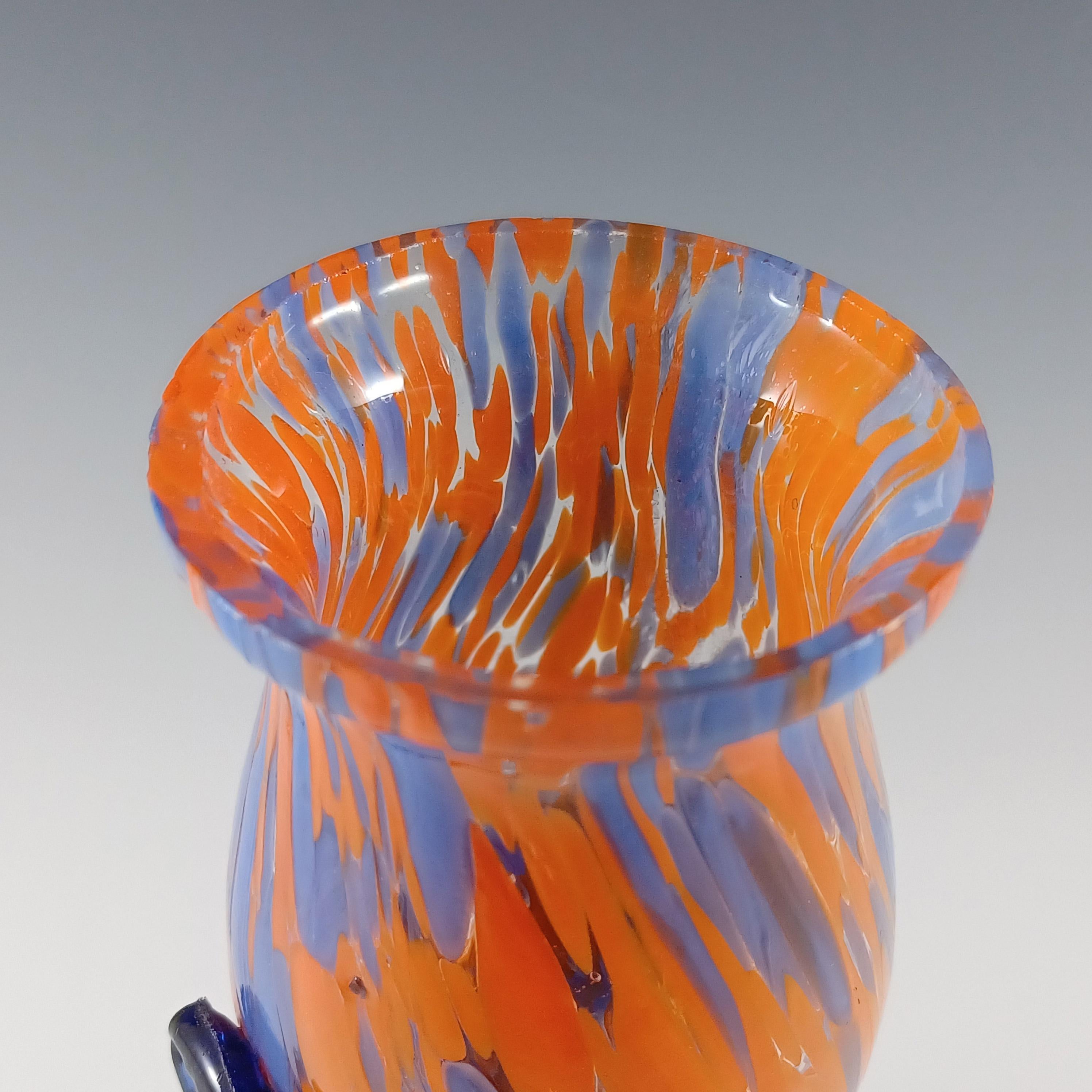 Pair of Czech Vintage Orange & Blue Spatter Glass Vases For Sale 1