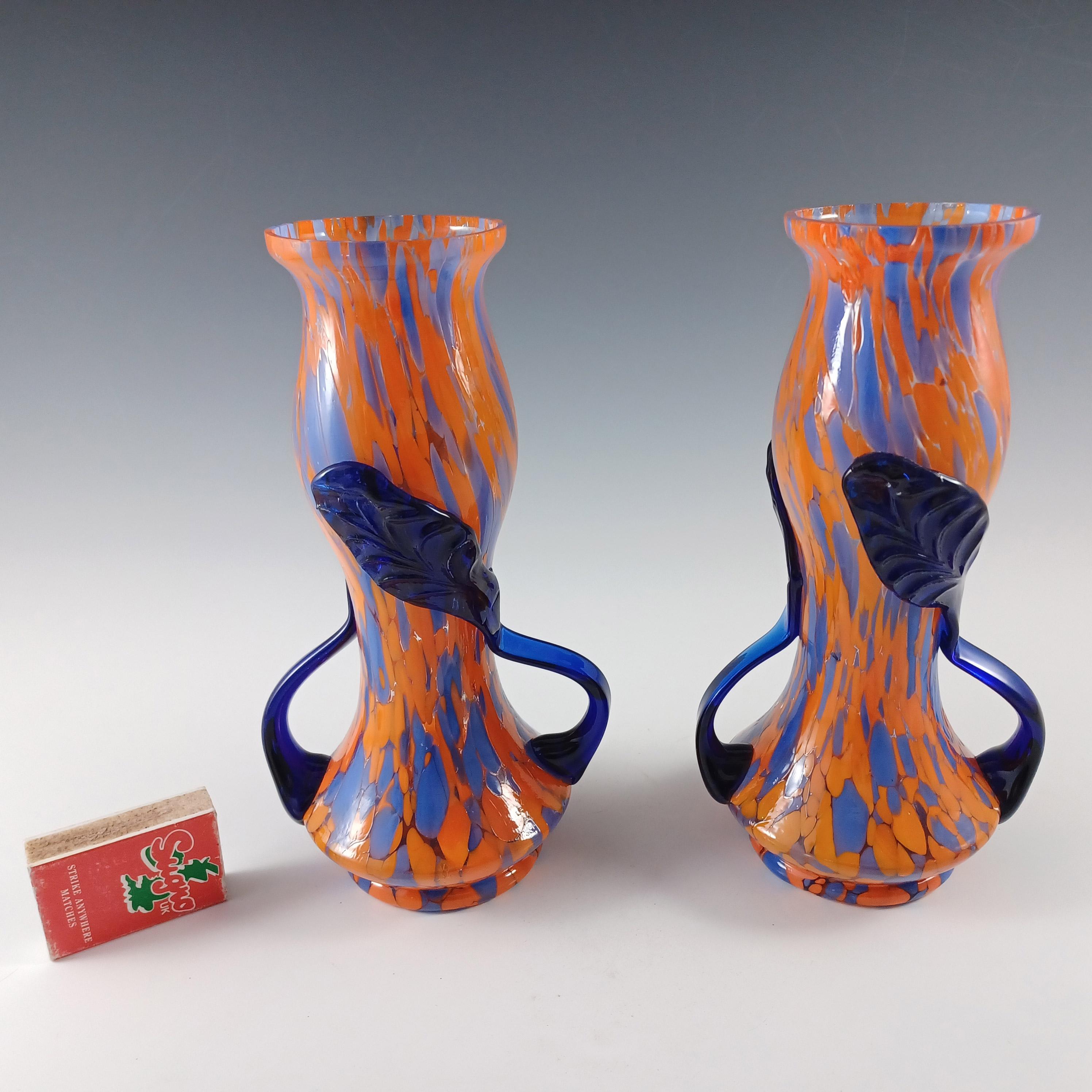 Pair of Czech Vintage Orange & Blue Spatter Glass Vases For Sale 3