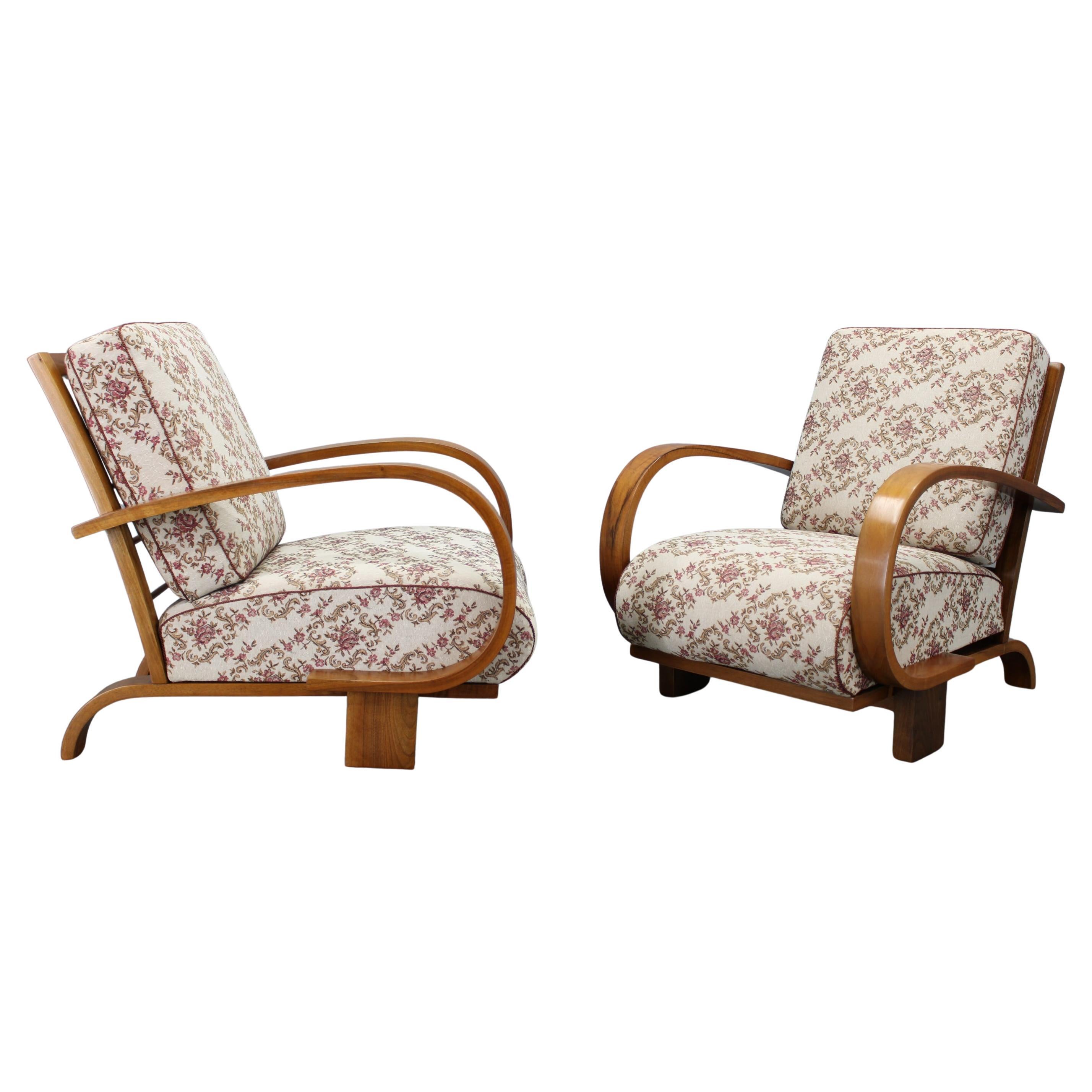 Pair of Czechoslovak Art Deco Walnut Upholstered Armchairs, 1930s