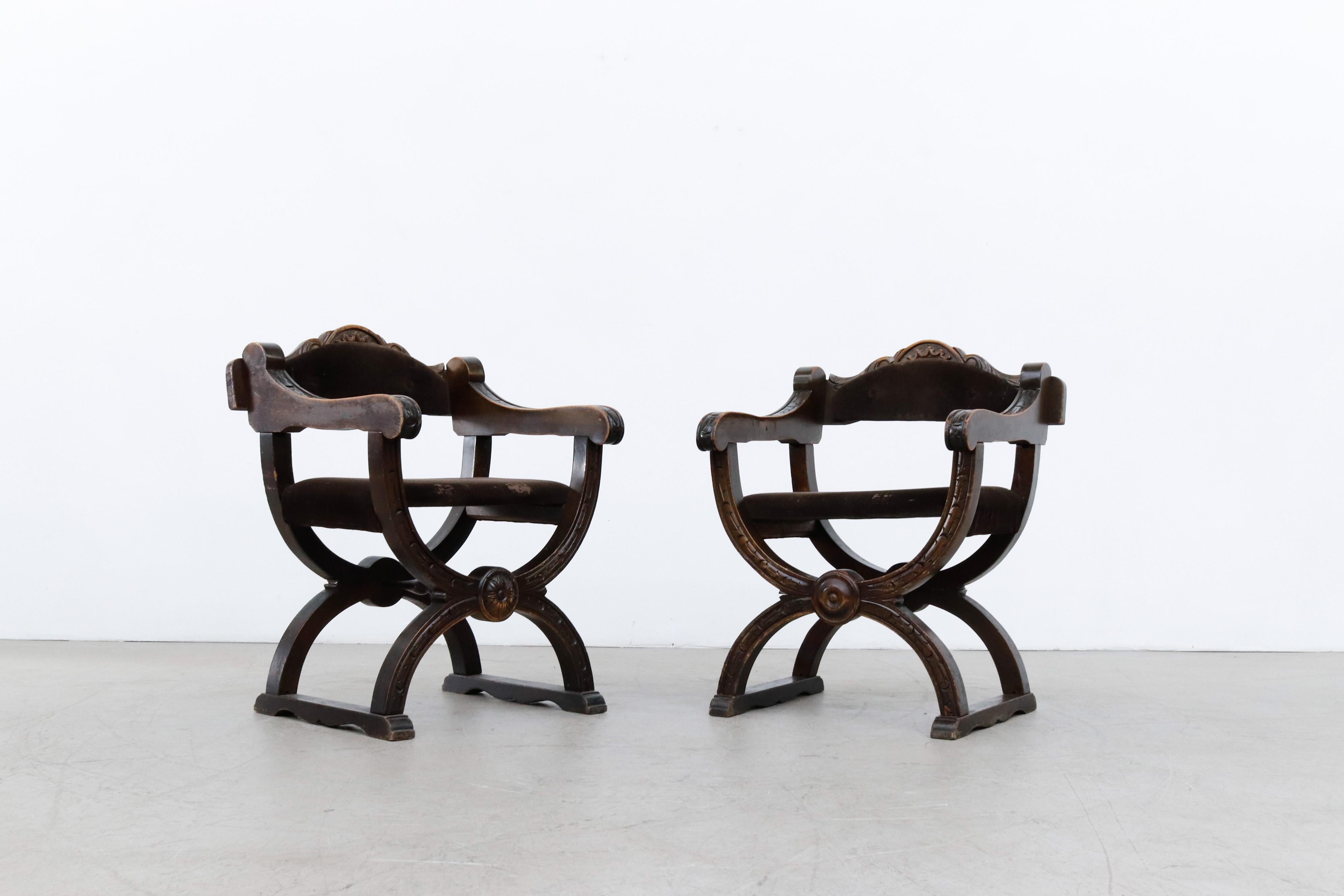 Velvet Pair of Dagobert Empire Style Arm Chairs