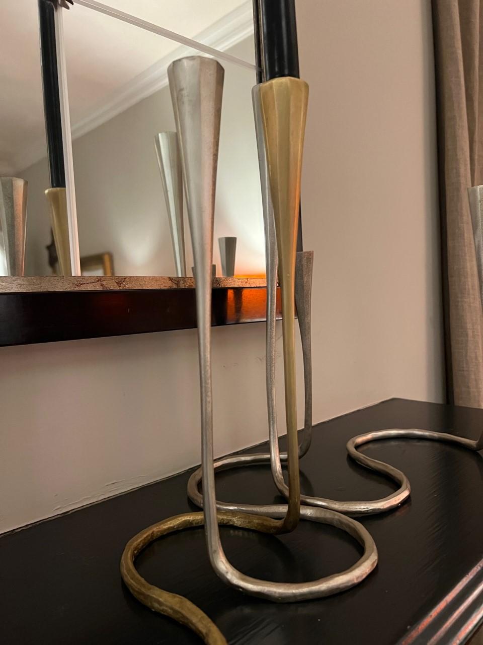 Available now and ready to ship! Includes a pair of two (1 small and 1 large)

Sculptural cast bronze candleholders, with matte silver finish.

Serpentine, alert, and lending itself in a cluster to visual cacophony, the Daisy is an exciting