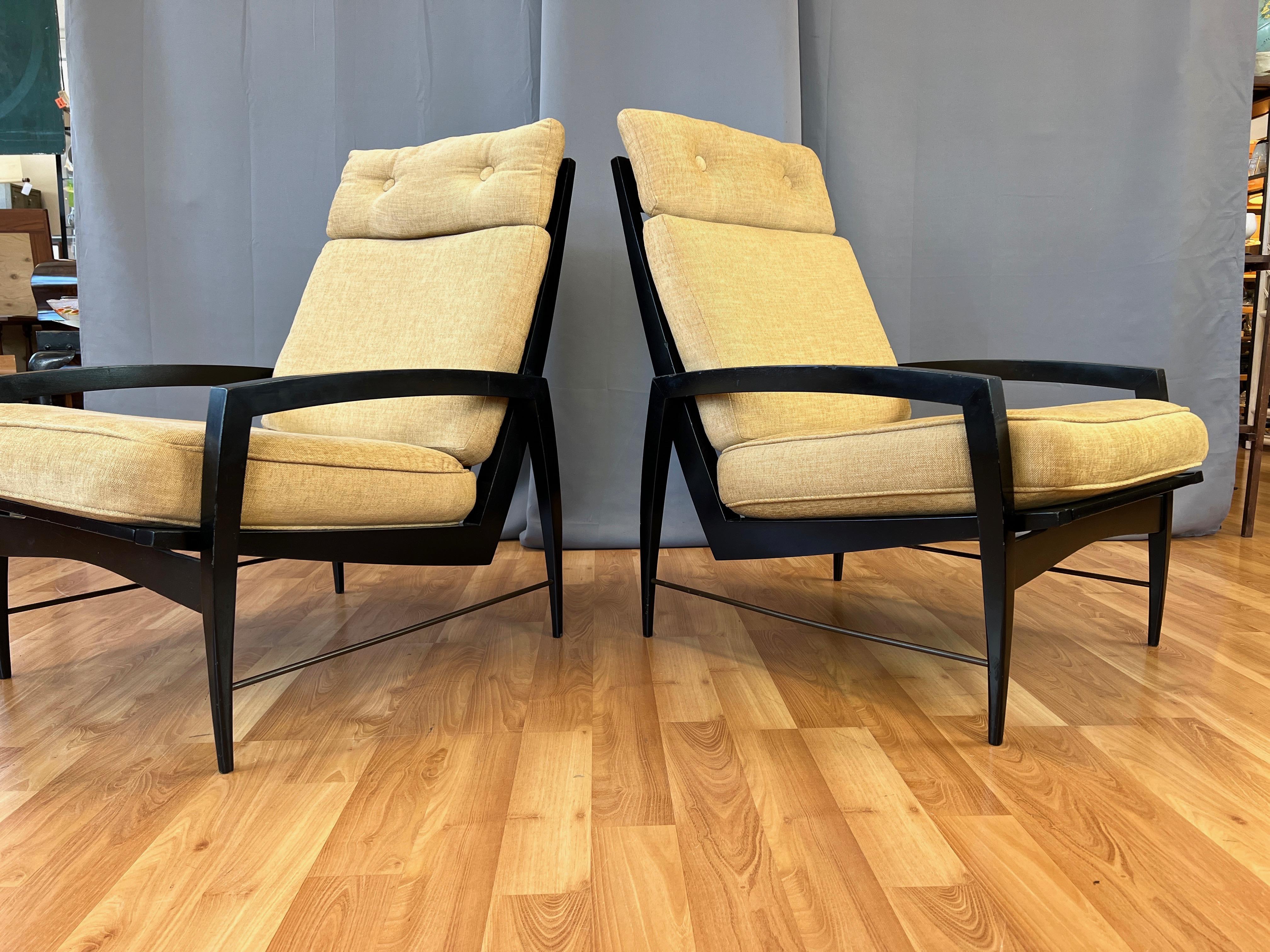 Brass Pair of Dan Johnson for Selig Black Lacquered High-Back Lounge Chairs, 1950s For Sale