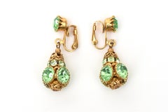 Frank Hess for Miriam Haskell Dangle Clip on Green Glass, Gold Plated Earrings