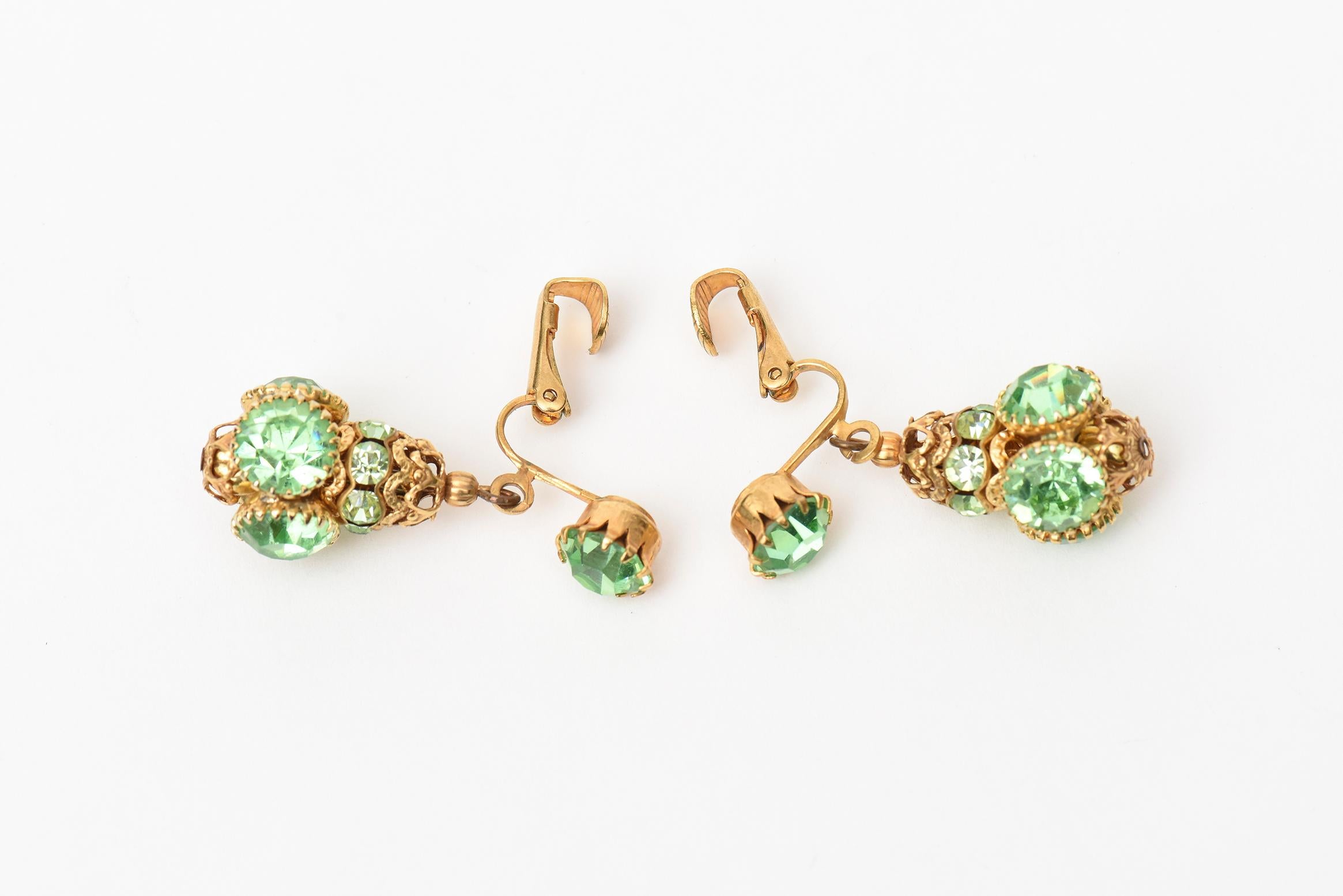 Women's  Frank Hess for Miriam Haskell Dangle Clip on Green Glass, Gold Plated Earrings  For Sale