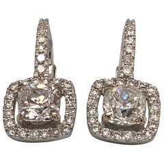 Pair of Dangling Cushion Shape Diamond Earrings with GIA Certificates, F Colors
