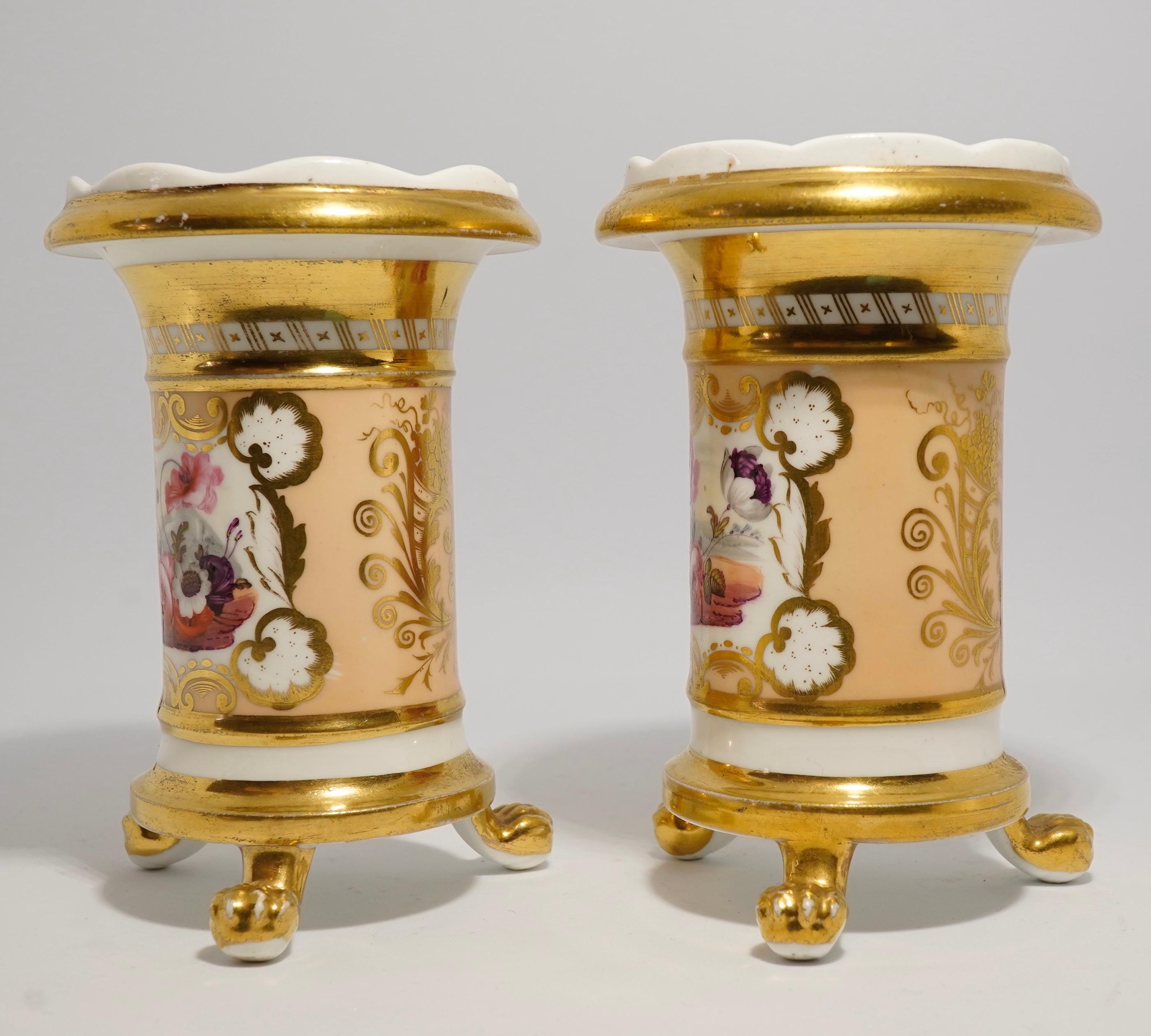 English Pair of Daniel Porcelain Spill Vases, Rich Gold and Flowers #1127, circa 1830 For Sale