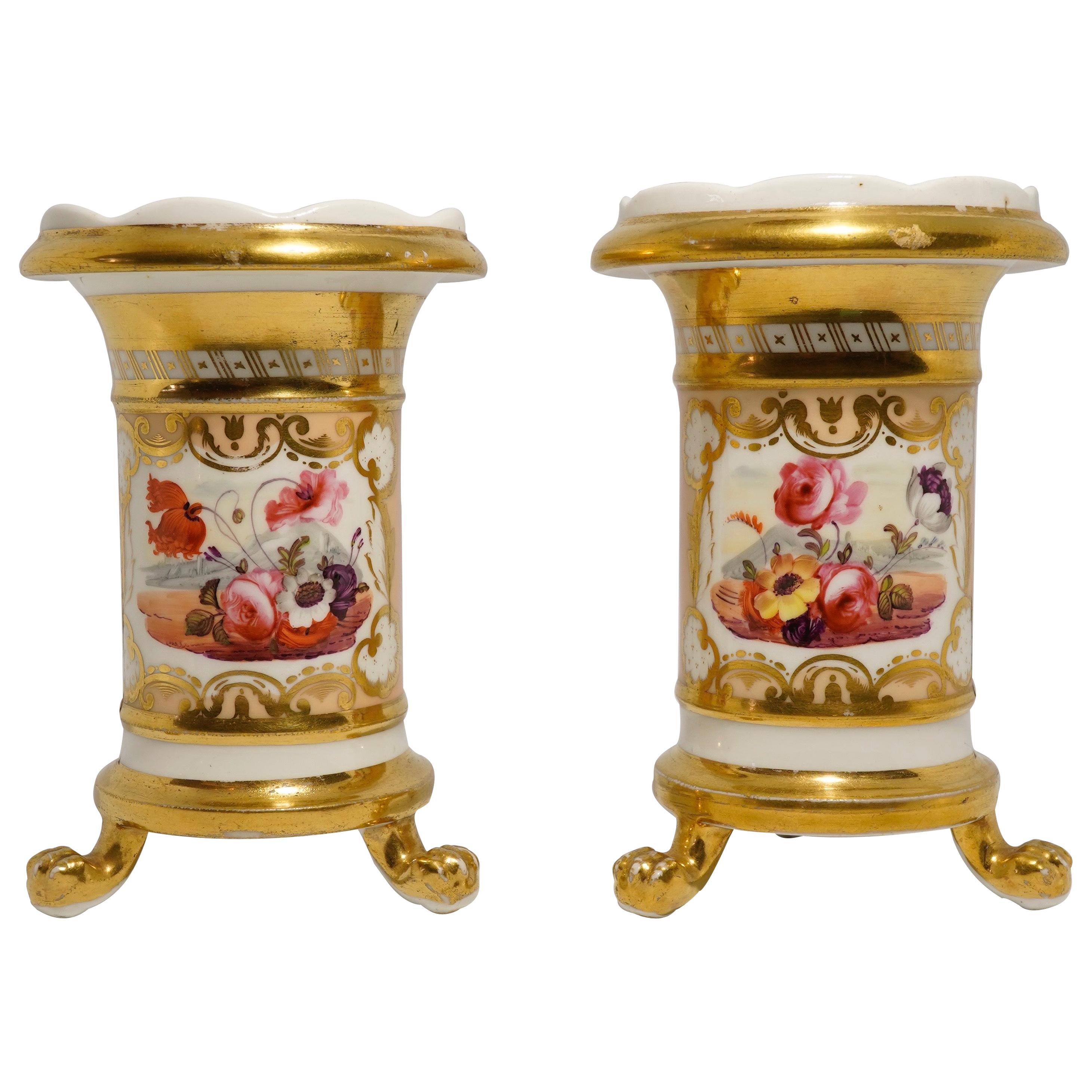 Pair of Daniel Porcelain Spill Vases, Rich Gold and Flowers #1127, circa 1830 For Sale