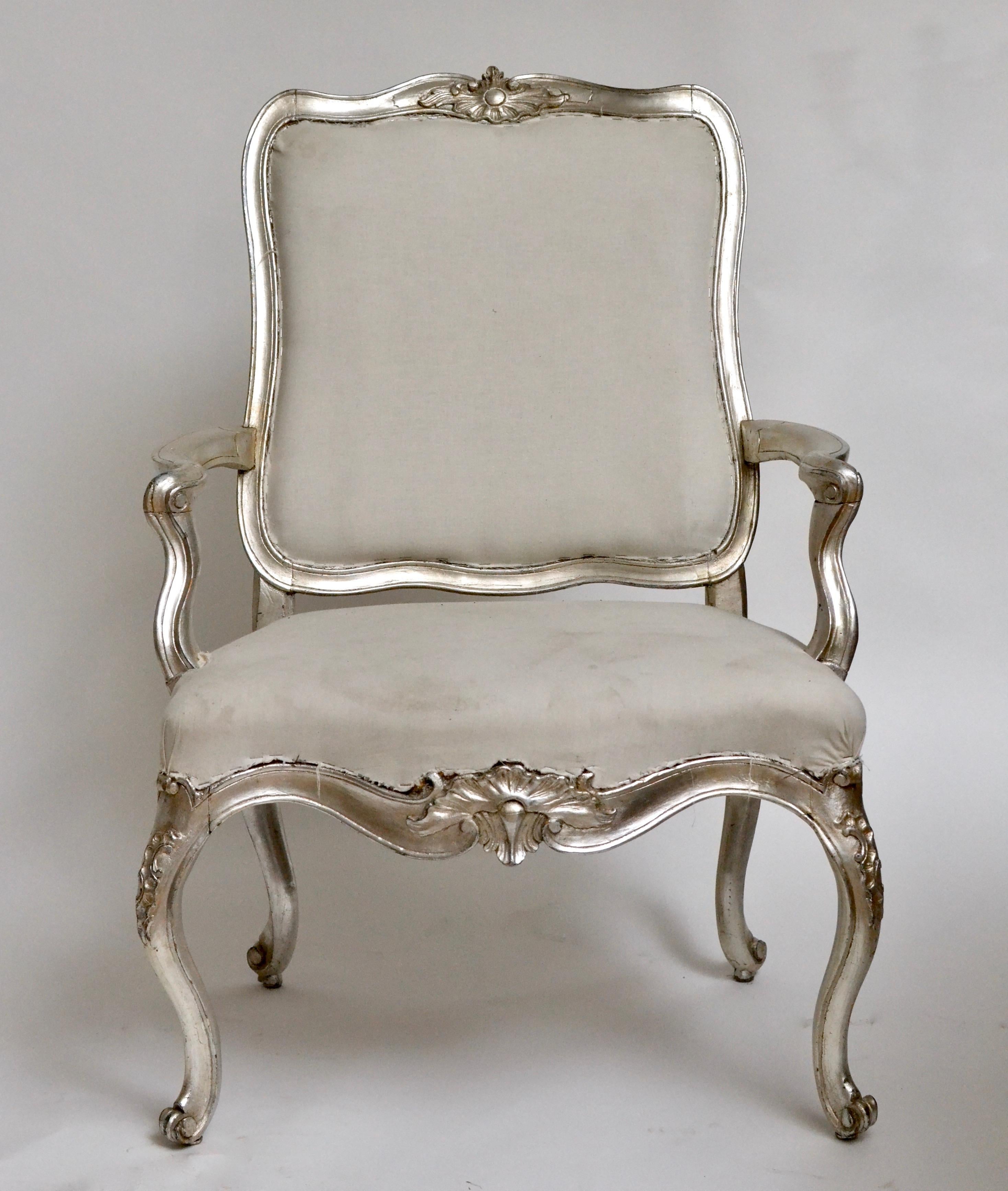 Silvered Pair of Danish 18th Century Rococo Armchairs