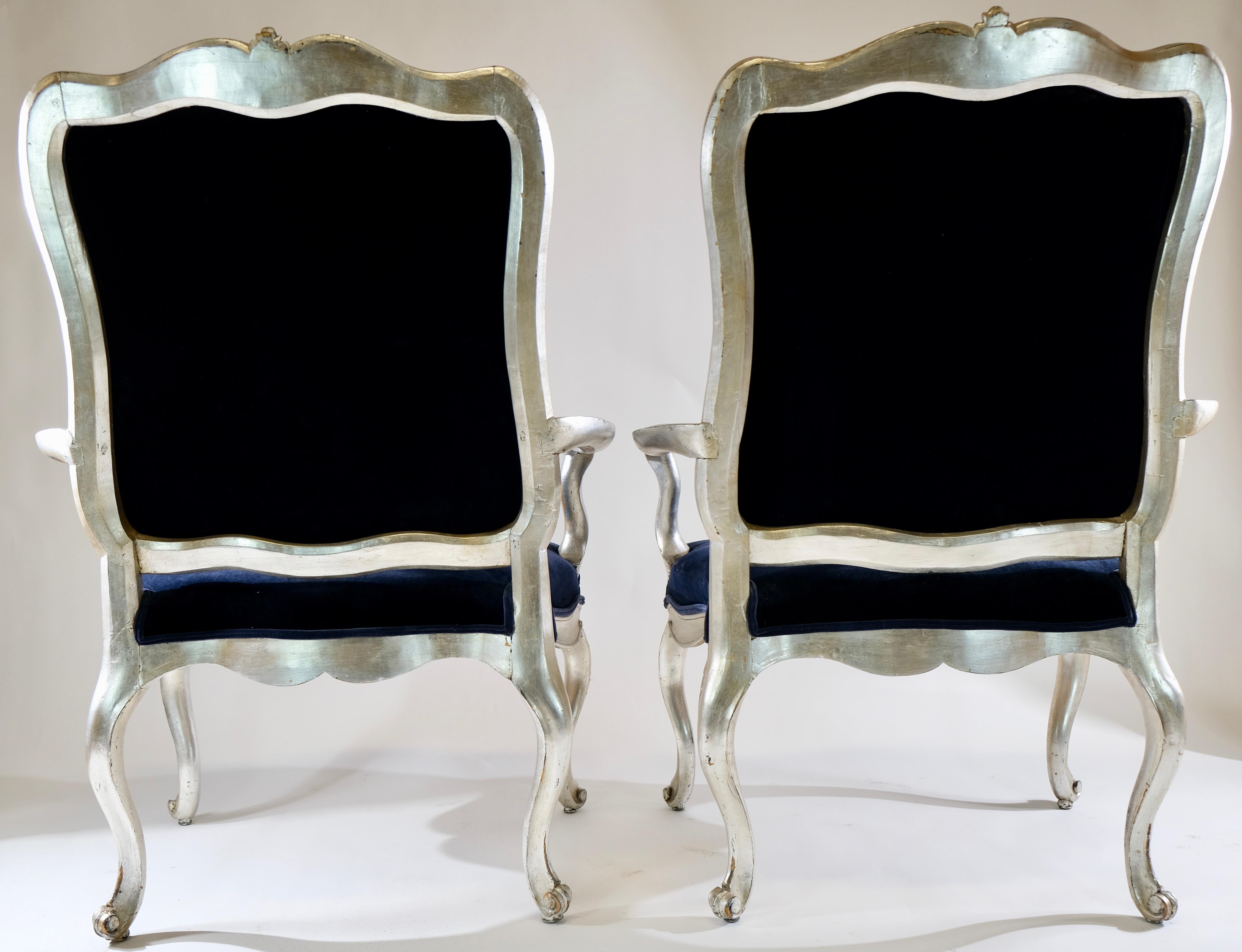 Silvered Pair of large North European 18th Century Rococo Armchairs, Mid 18th c. For Sale